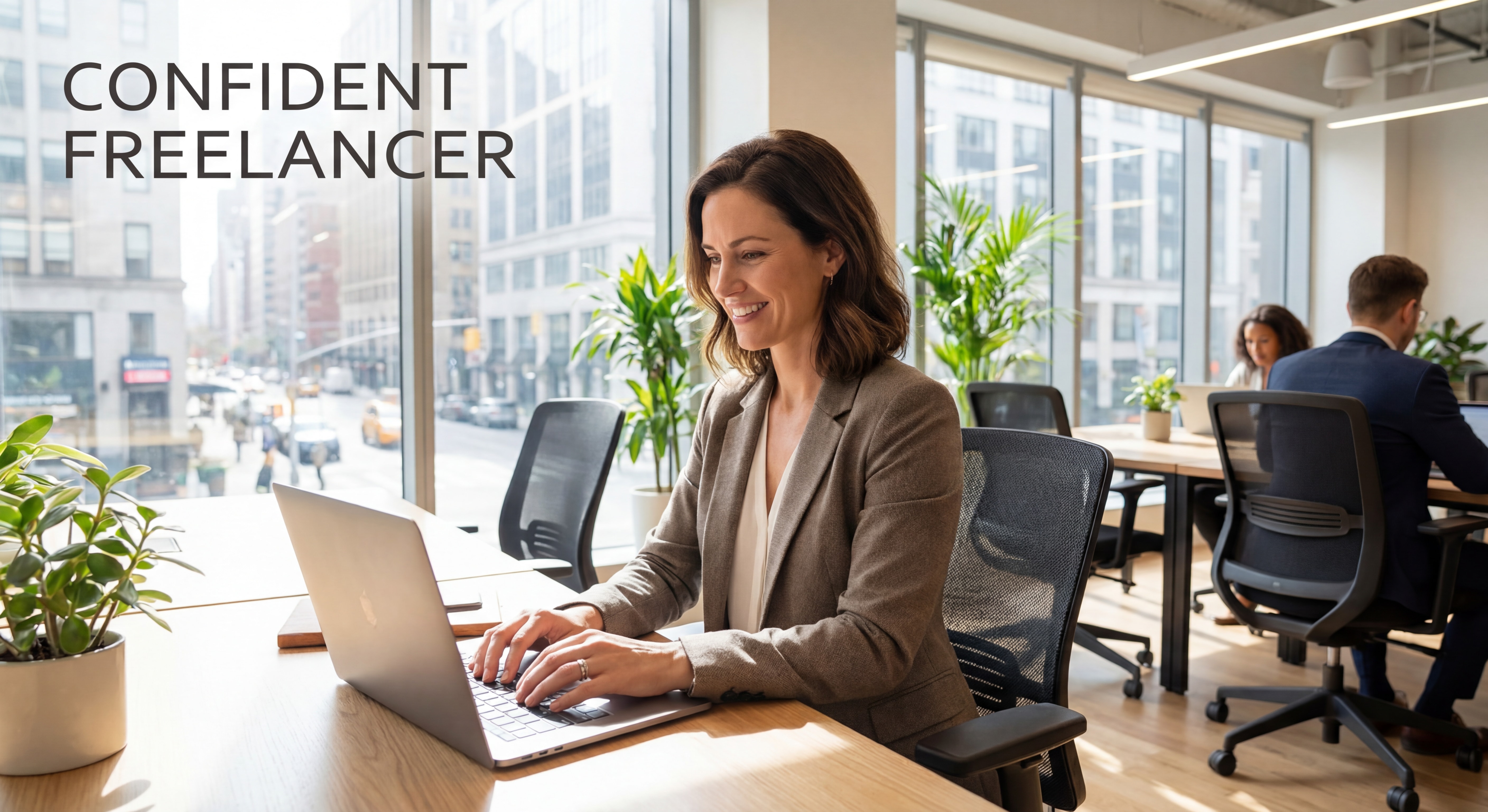 Indépendante confiante travaillant sur son laptop dans un espace de coworking moderne, sourire épanoui, lumière naturelle, posture assurée