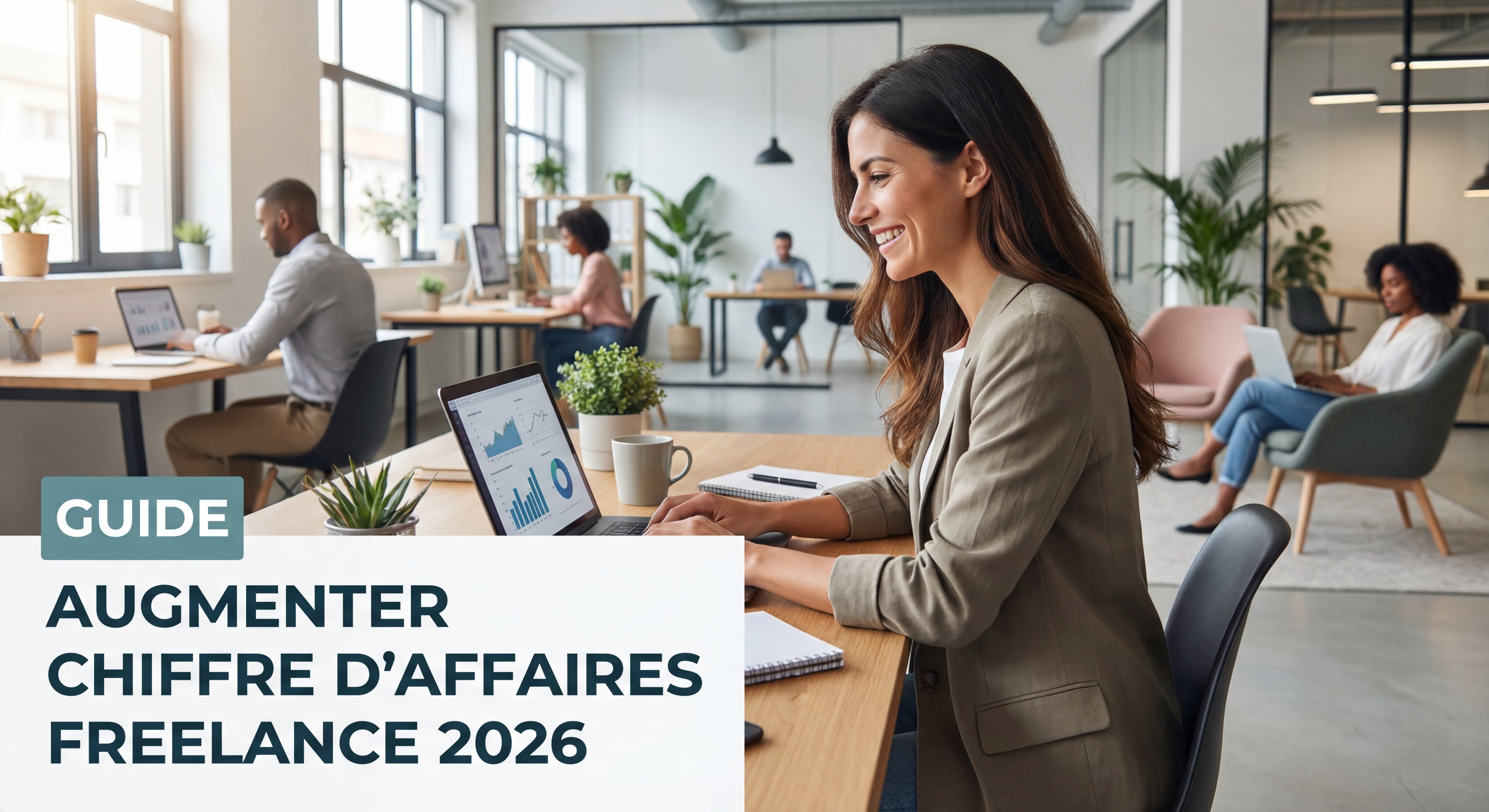 Indépendante confiante travaillant dans un espace de coworking moderne avec laptop, sourire et posture assurée - guide augmenter chiffre d'affaires freelance 2026