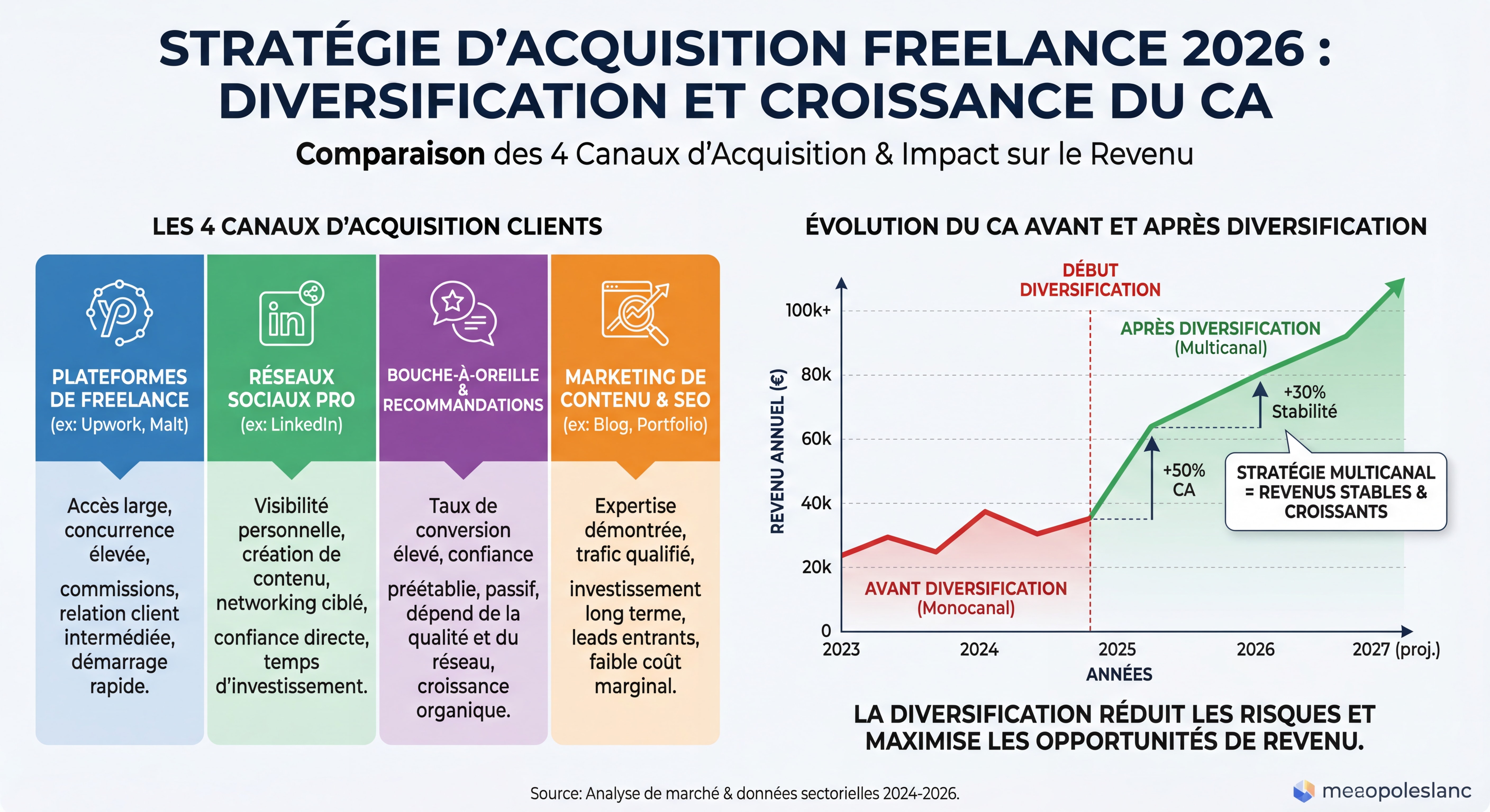 Infographie comparant les 4 canaux d'acquisition clients freelance avec courbe d'évolution du CA avant et après diversification - stratégie acquisition indépendant 2026
