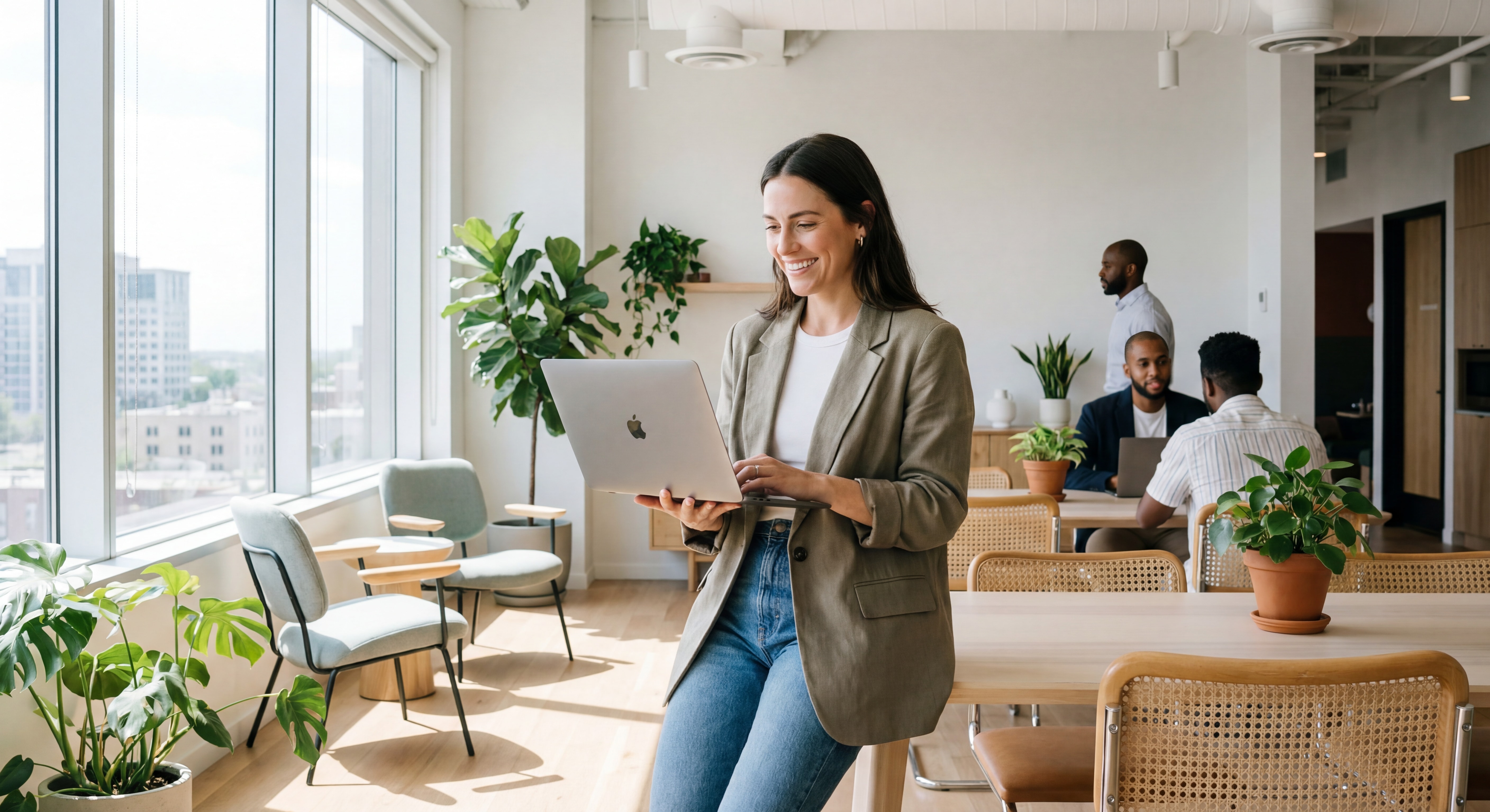Indépendante confiante travaillant sur son laptop dans un espace de coworking moderne, sourire, posture assurée, lumière naturelle