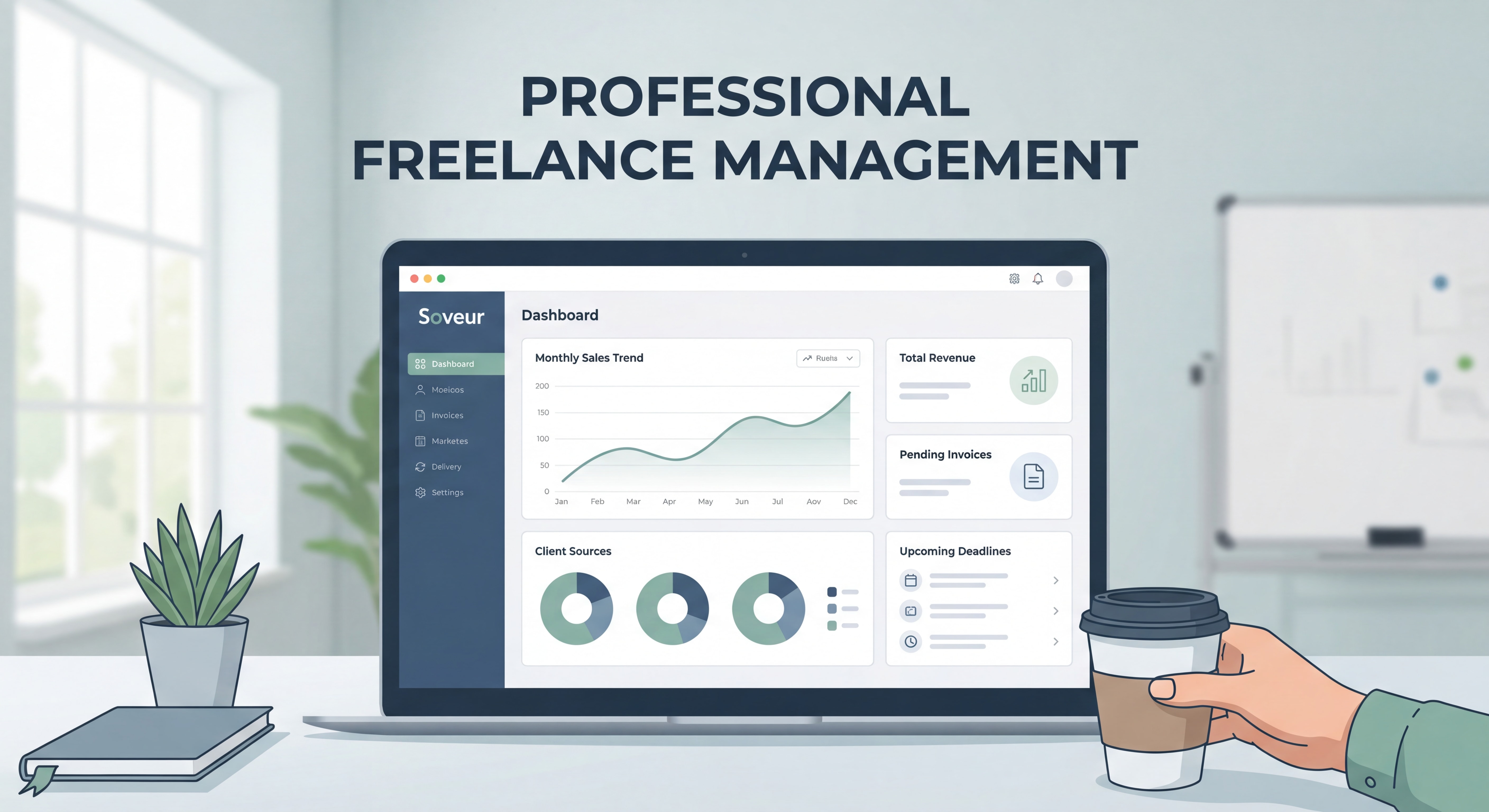 Dashboard interface moderne d'outil de gestion freelance type Soveur — suivi chiffre d'affaires, graphiques inspirants, design épuré et professionnel