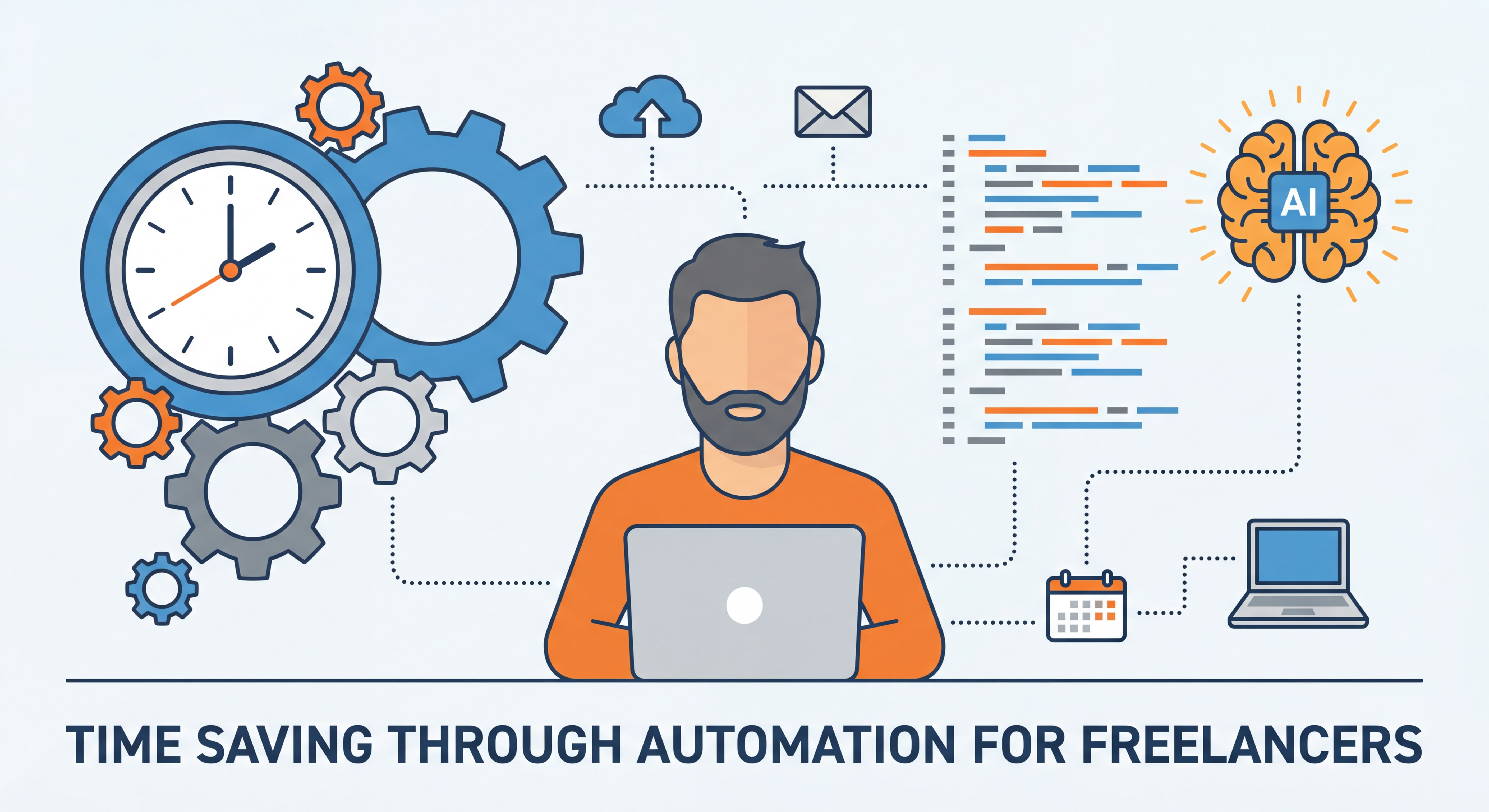 Illustration flat design représentant l'automatisation et le gain de temps pour un freelance, avec des engrenages, une horloge, des icônes d'outils connectés et des éléments d'IA