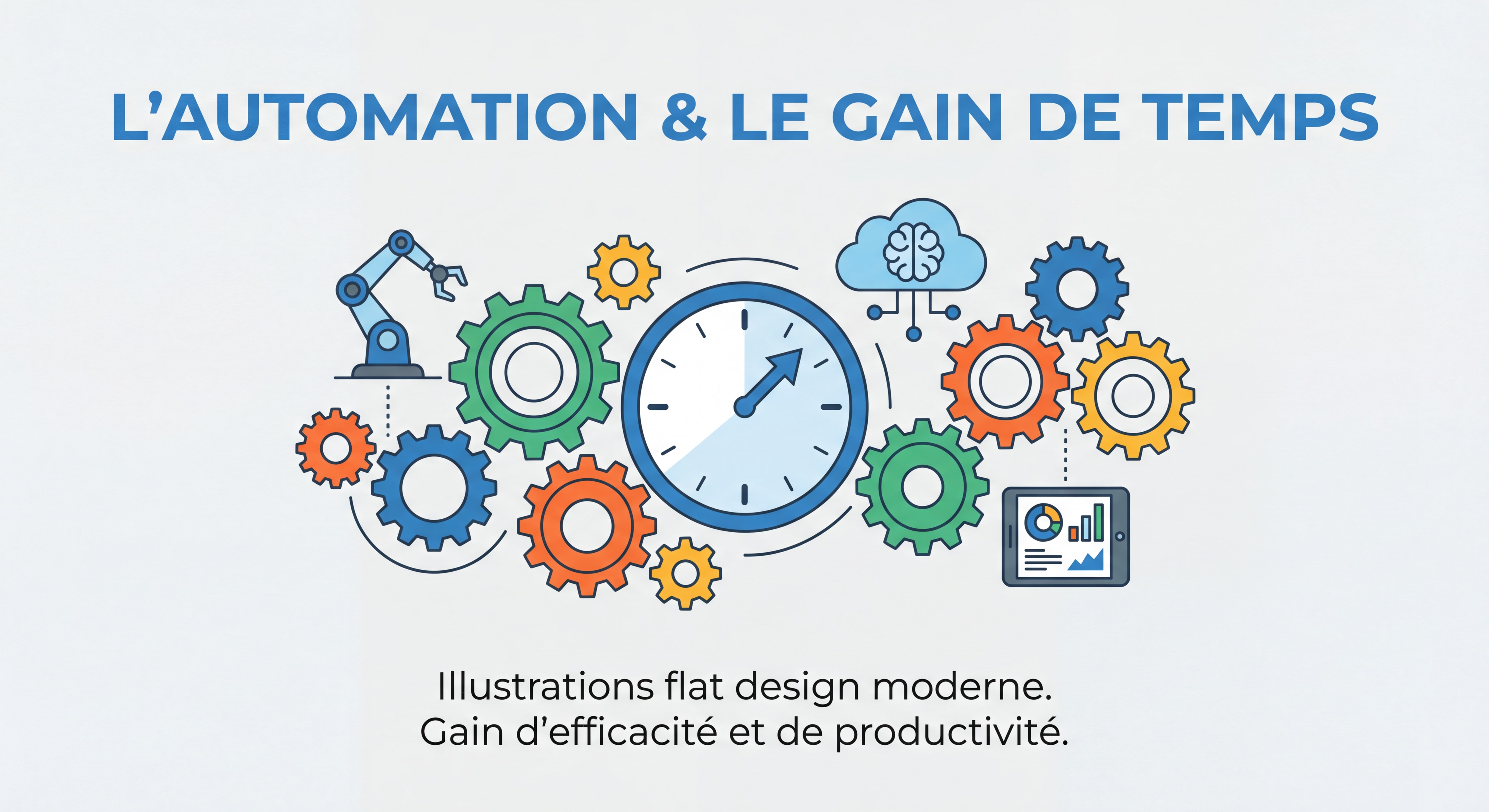 Illustration flat design moderne représentant l'automation et le gain de temps — engrenages connectés, horloge, outils IA, couleurs vives et épurées sur fond clair