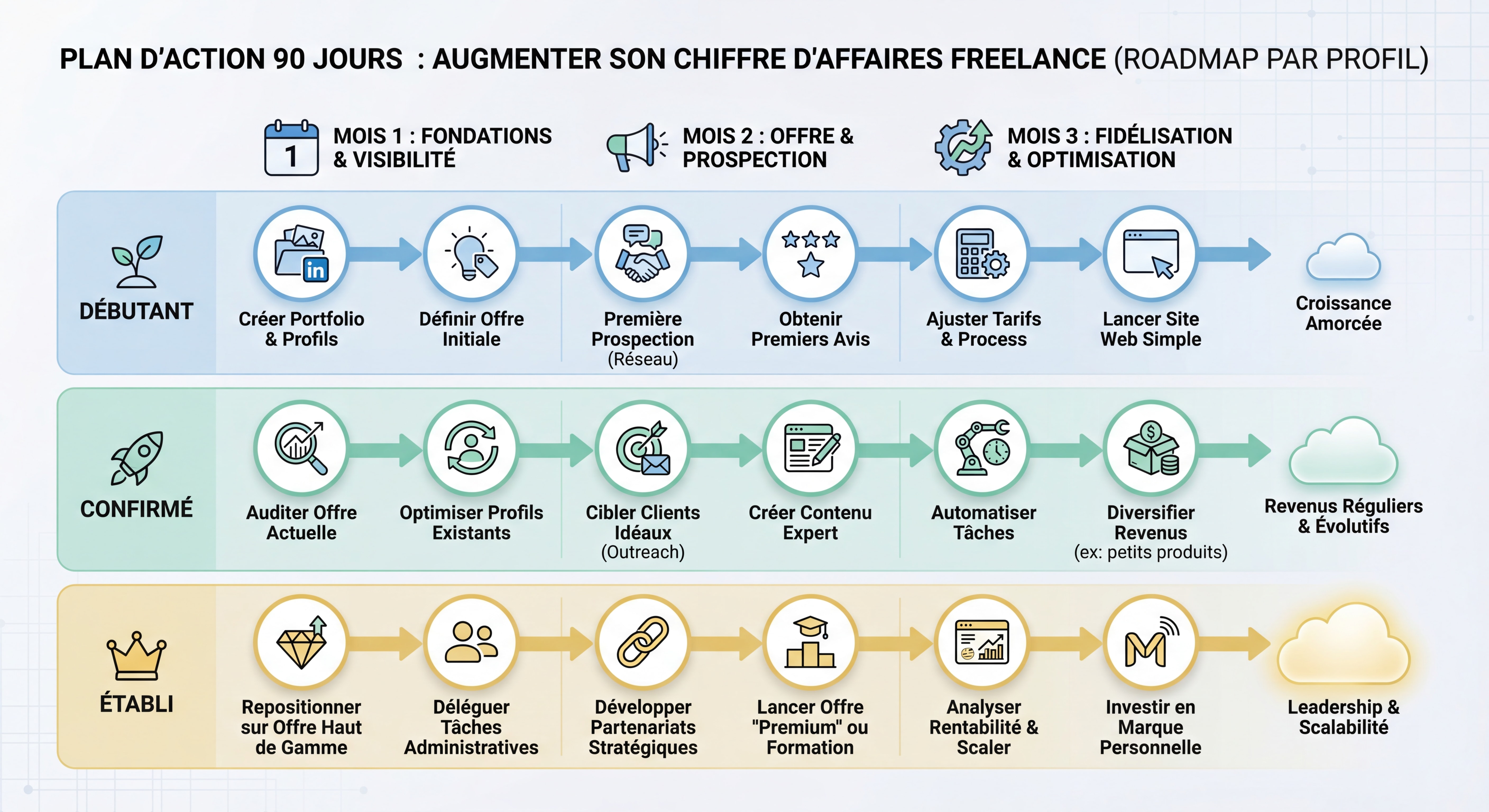 Schéma roadmap plan d'action 90 jours pour augmenter son chiffre d'affaires freelance avec étapes visuelles par profil débutant confirmé établi