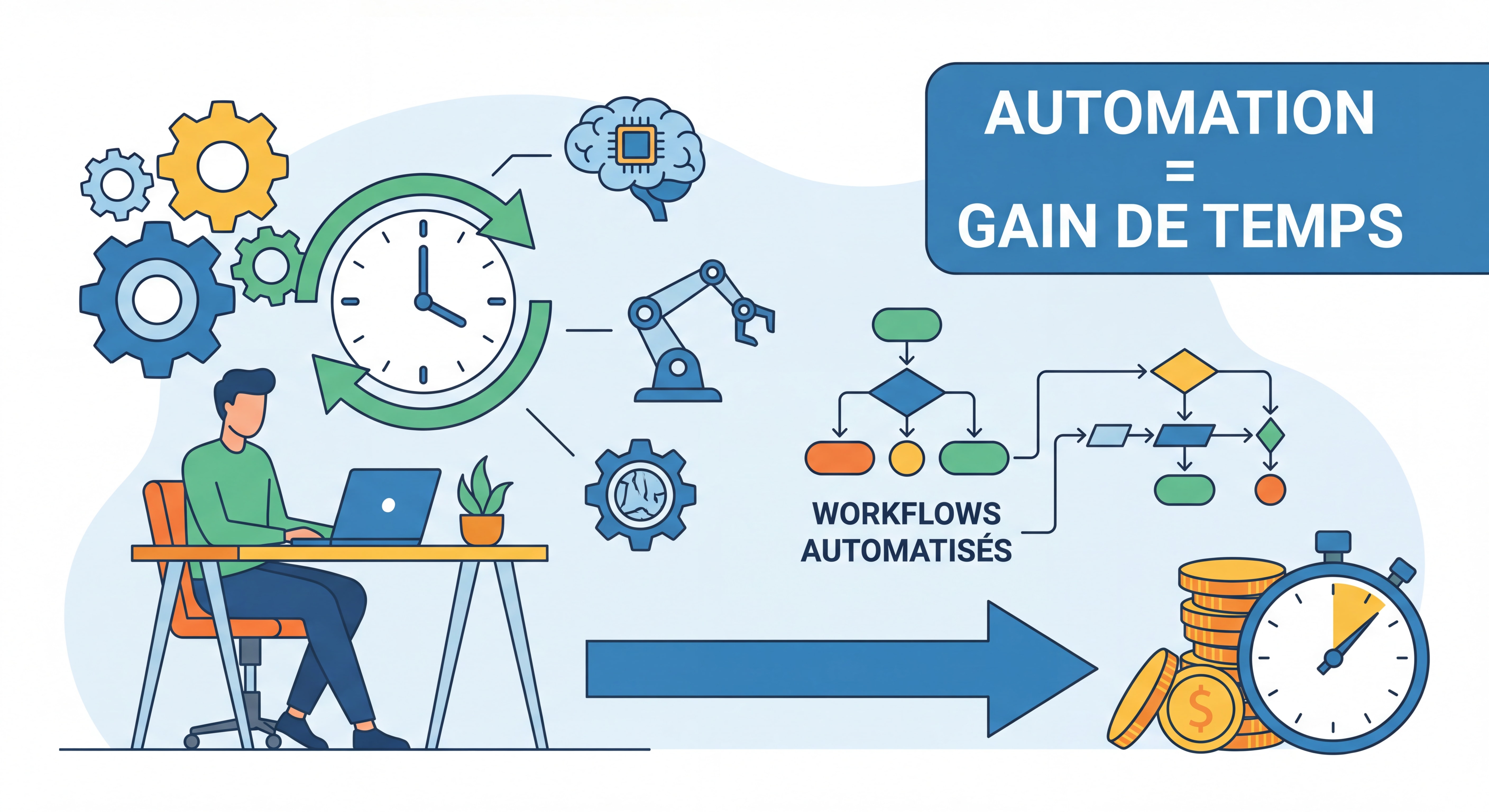 Illustration flat design moderne représentant l'automation et le gain de temps pour un freelance : engrenages connectés, horloge, outils IA et workflows automatisés, couleurs vives et épurées