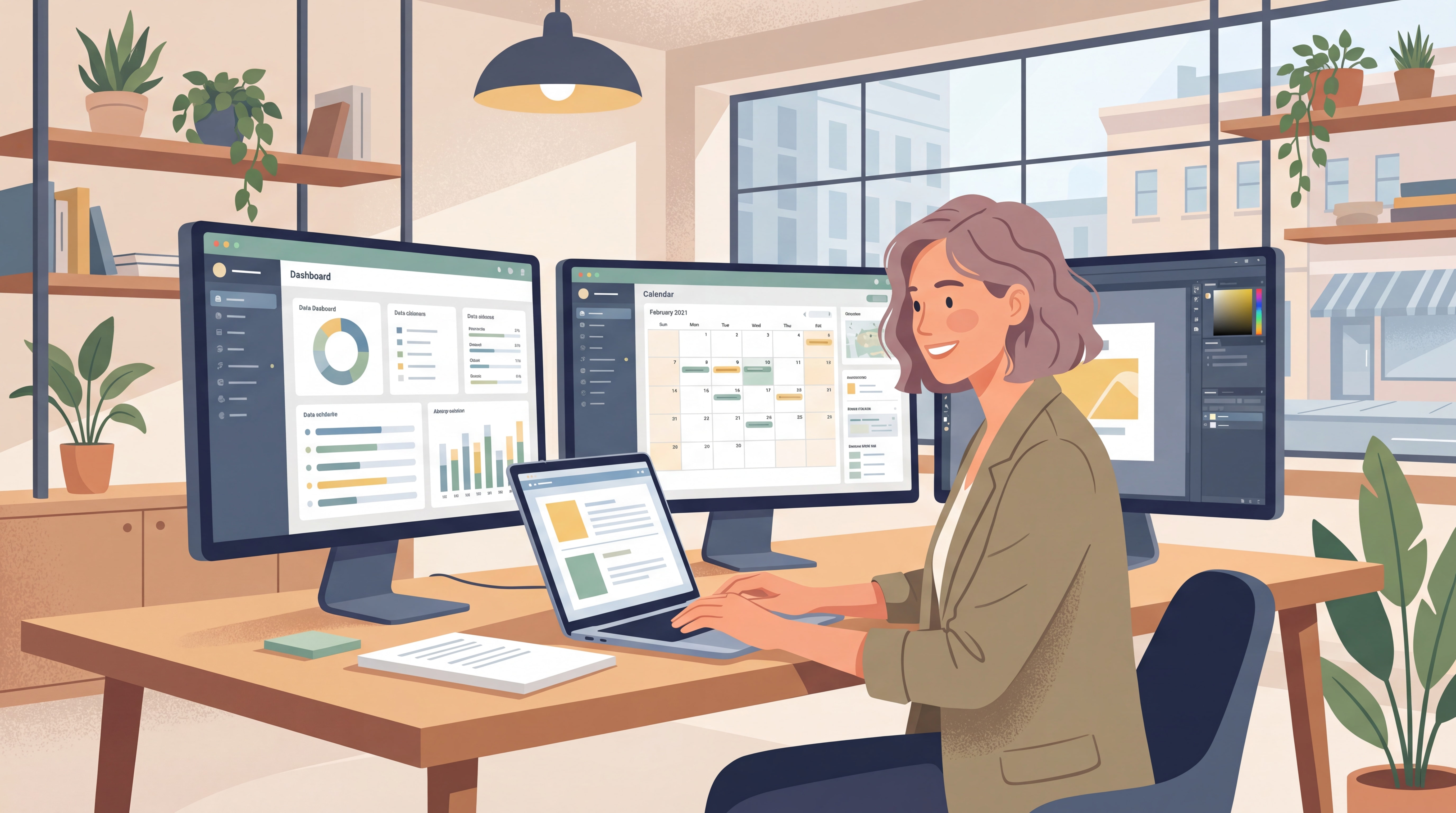 Freelance indépendant souriant travaillant sur son laptop dans un espace de travail moderne avec plusieurs écrans affichant des dashboards et outils numériques