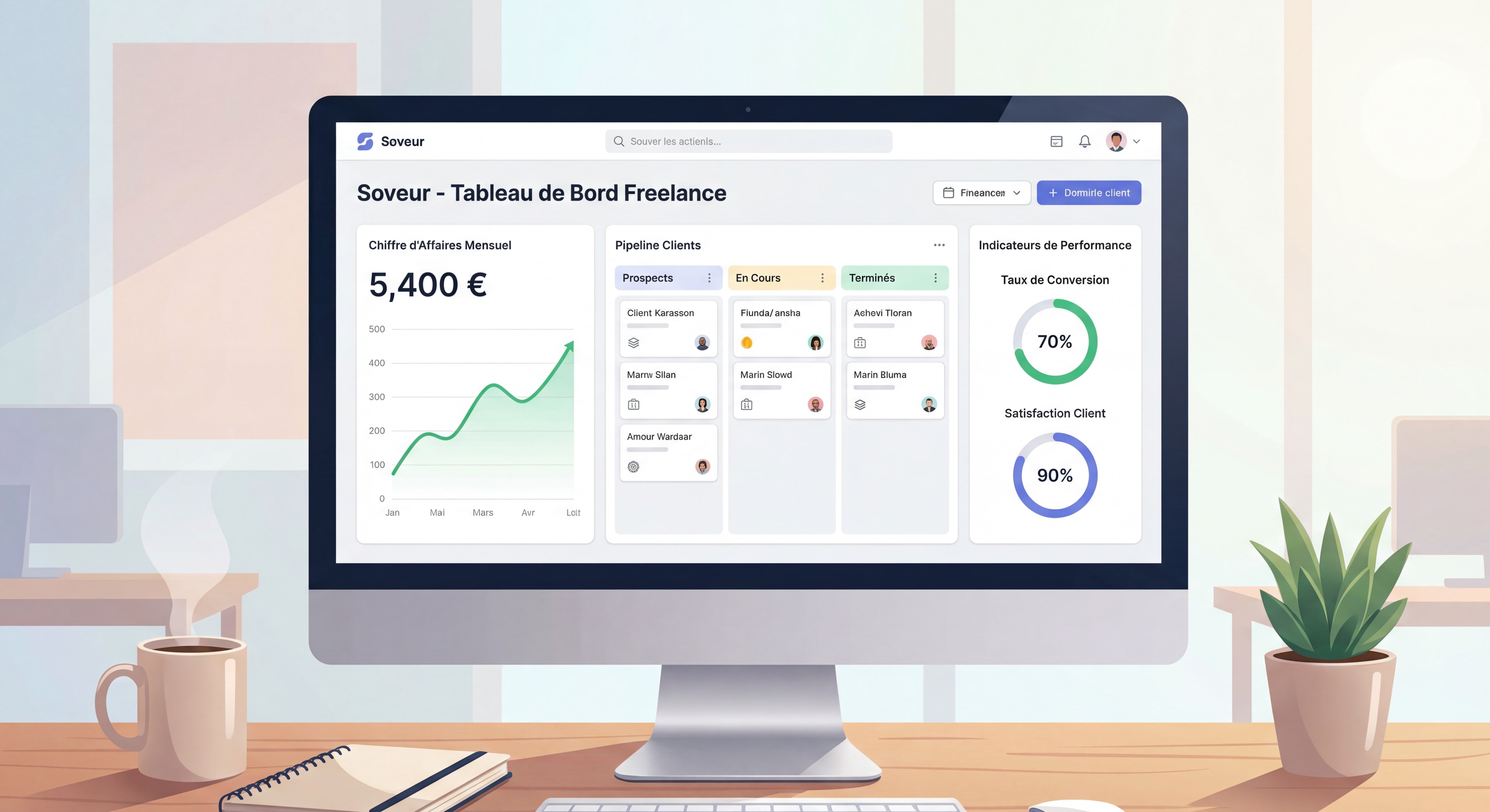 Dashboard moderne et épuré d'un outil de gestion freelance type Soveur montrant suivi du chiffre d'affaires mensuel, pipeline clients et indicateurs de performance - interface claire et inspirante
