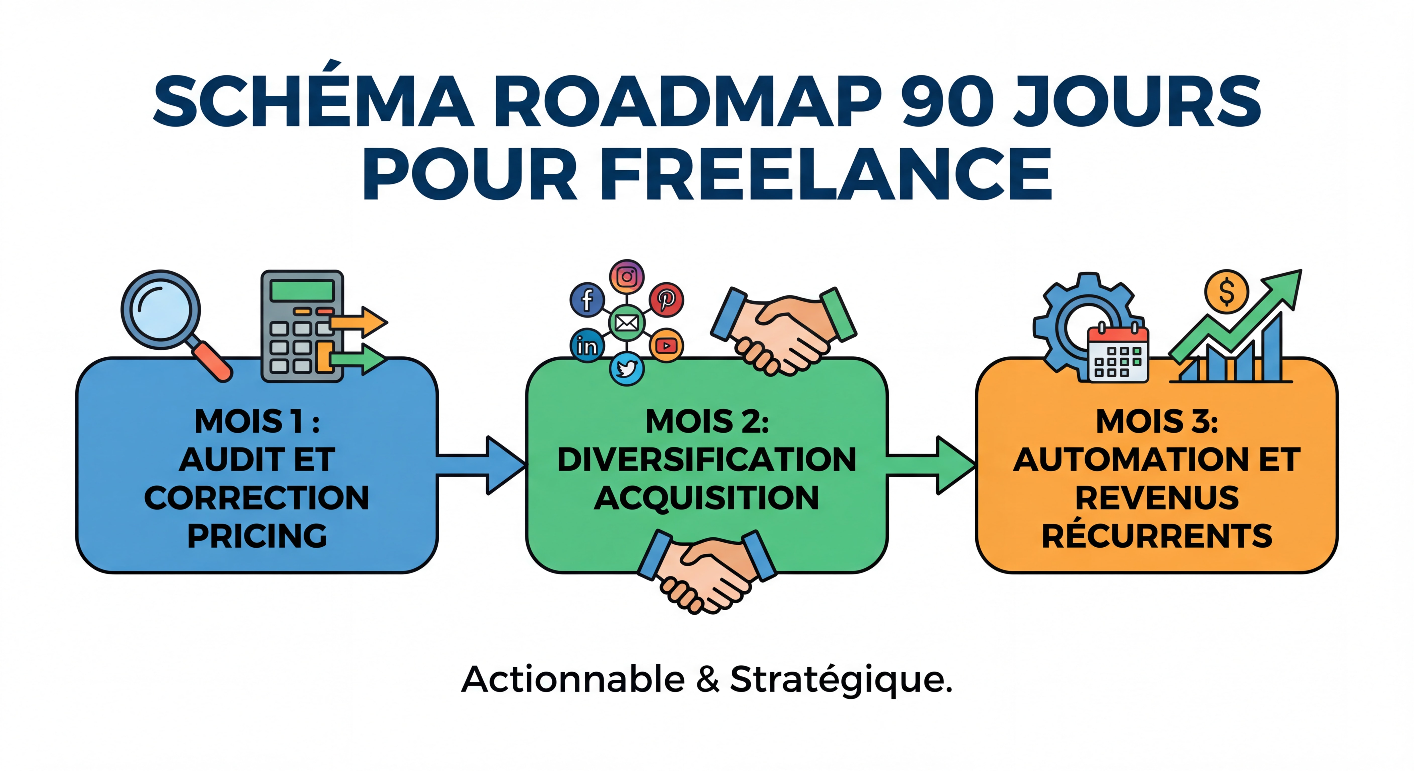 Schéma roadmap 90 jours pour freelance avec étapes clés : Mois 1 audit et correction pricing, Mois 2 diversification acquisition, Mois 3 automation et revenus récurrents - style infographie moderne et actionnable