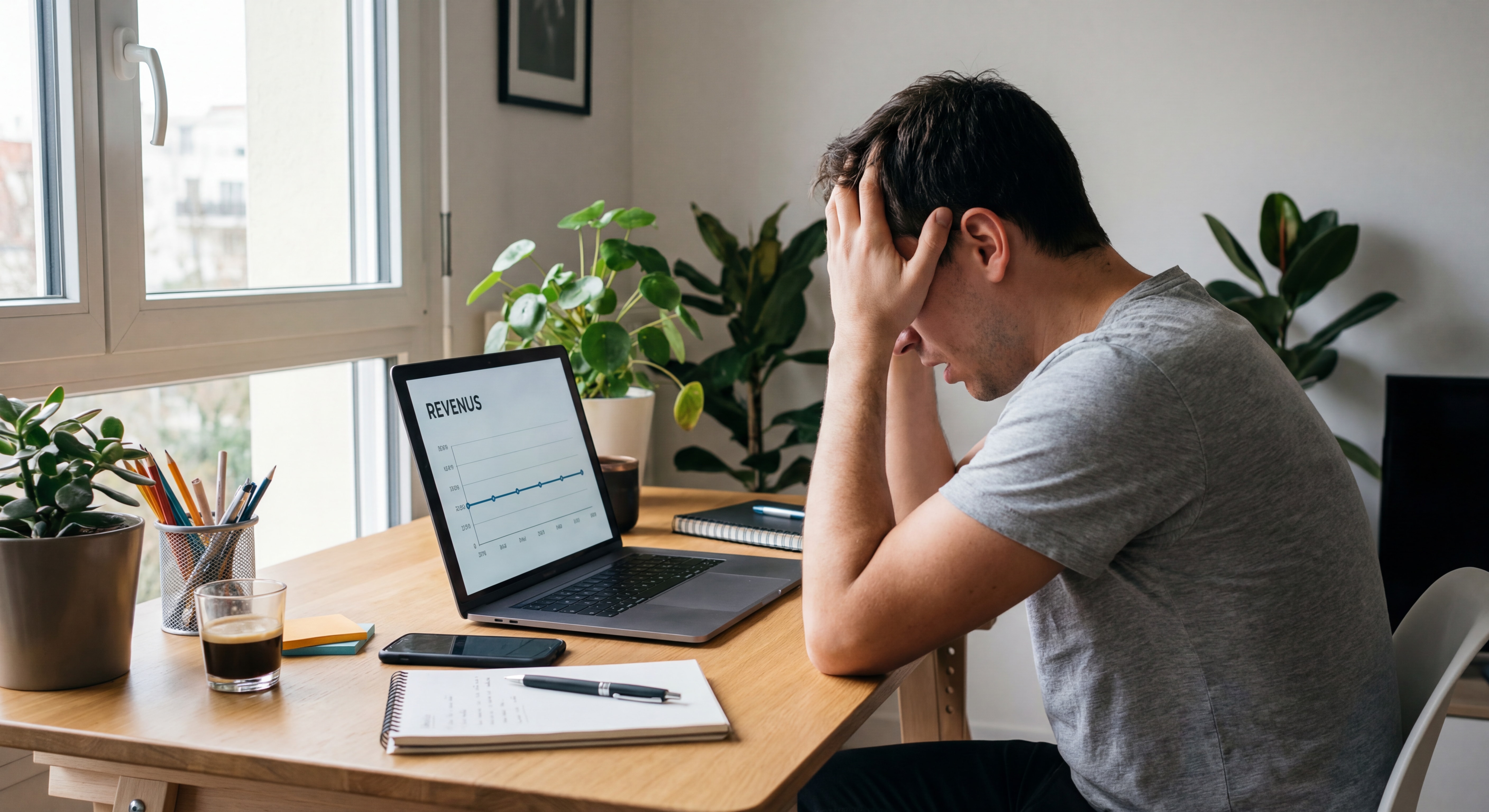Freelance frustré face à un écran d'ordinateur montrant un graphique de revenus stagnants, bureau moderne, lumière naturelle, ambiance réaliste et authentique