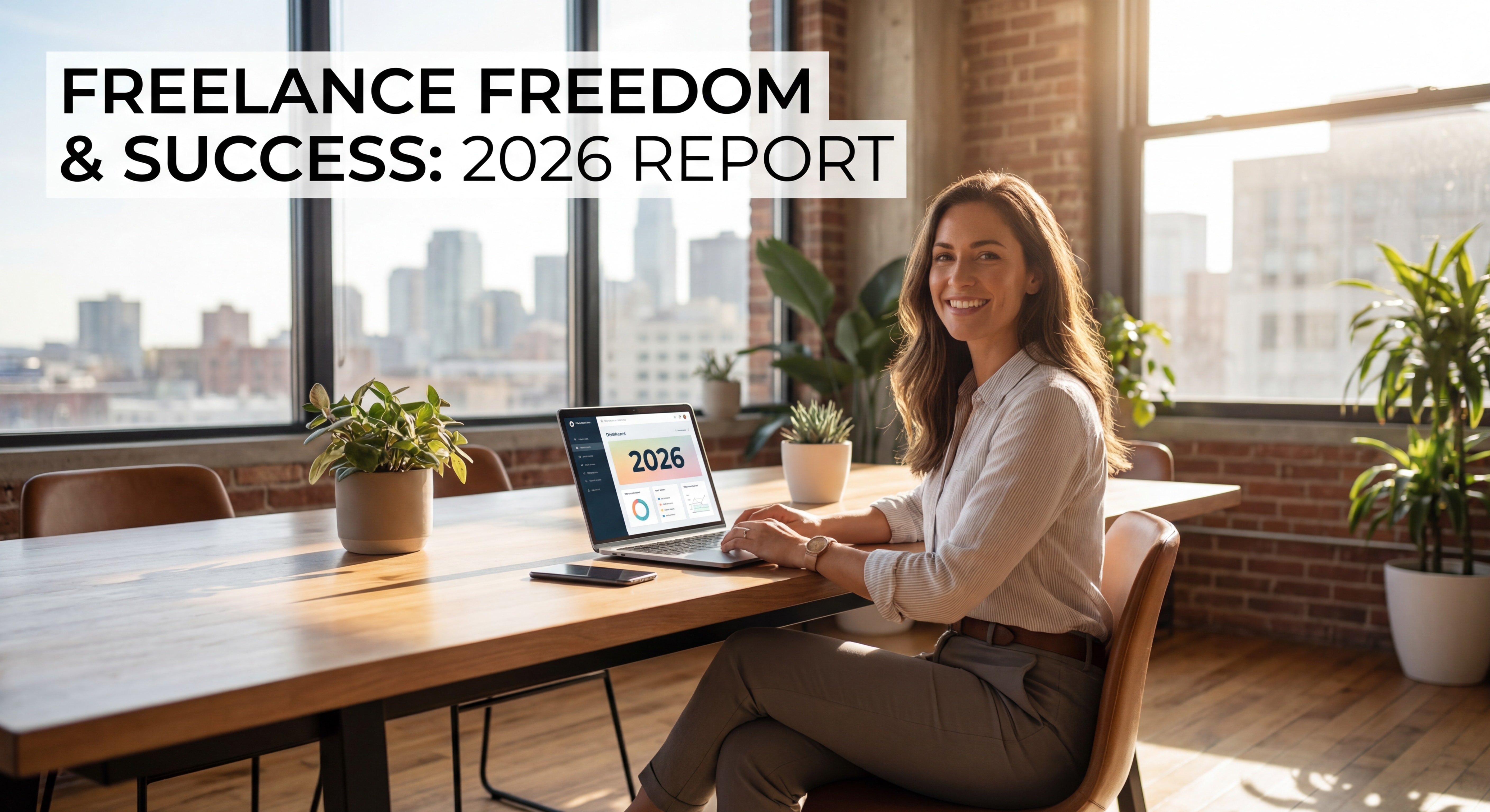 Indépendant(e) confiant(e) souriant devant un laptop dans un espace de travail moderne et lumineux, illustrant la liberté et la réussite du freelance en 2026