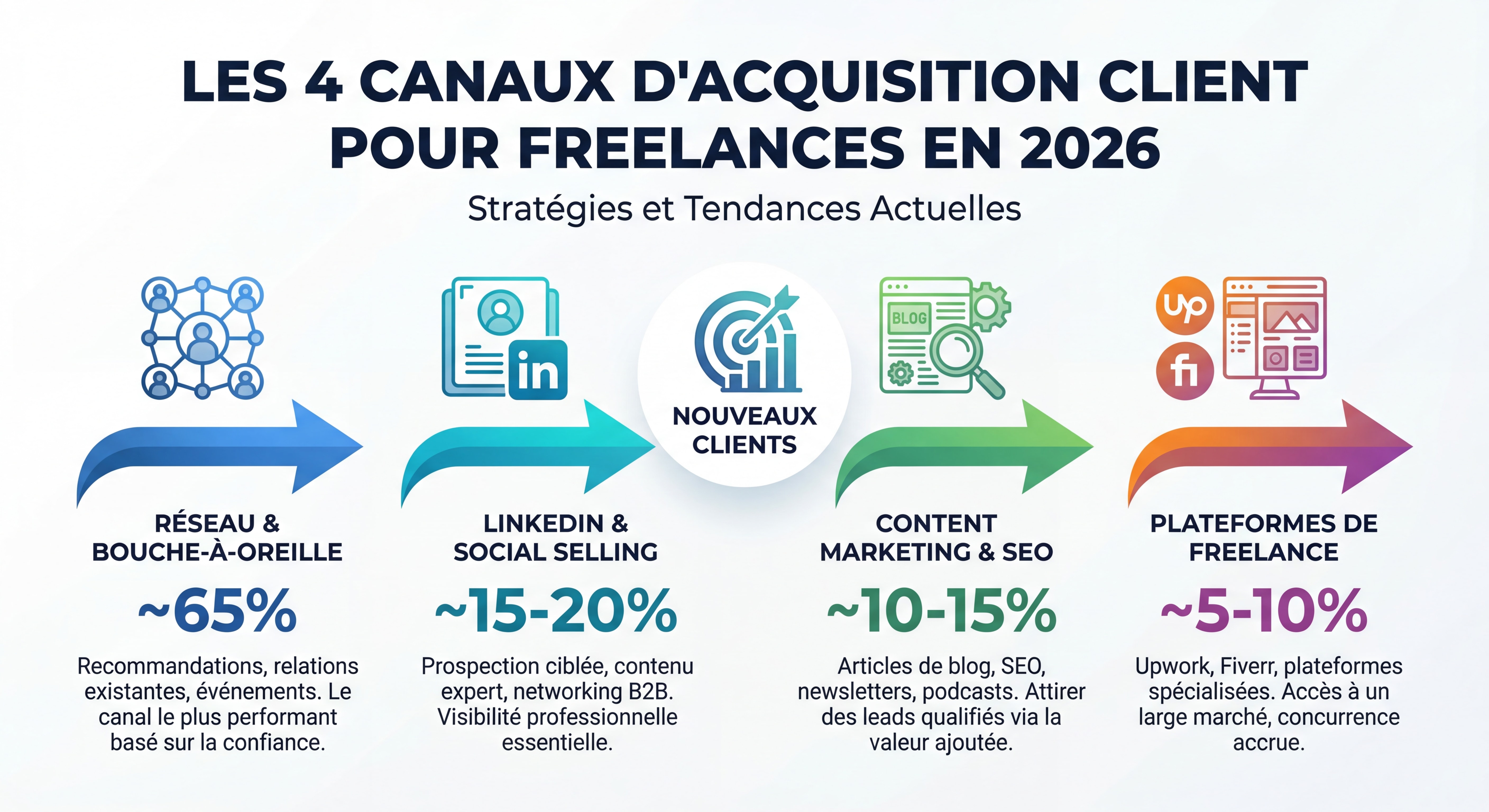 Infographie illustrant les 4 canaux d'acquisition client pour freelances en 2026 - réseau, LinkedIn, content marketing, plateformes - avec pourcentages et flèches colorées sur fond blanc épuré