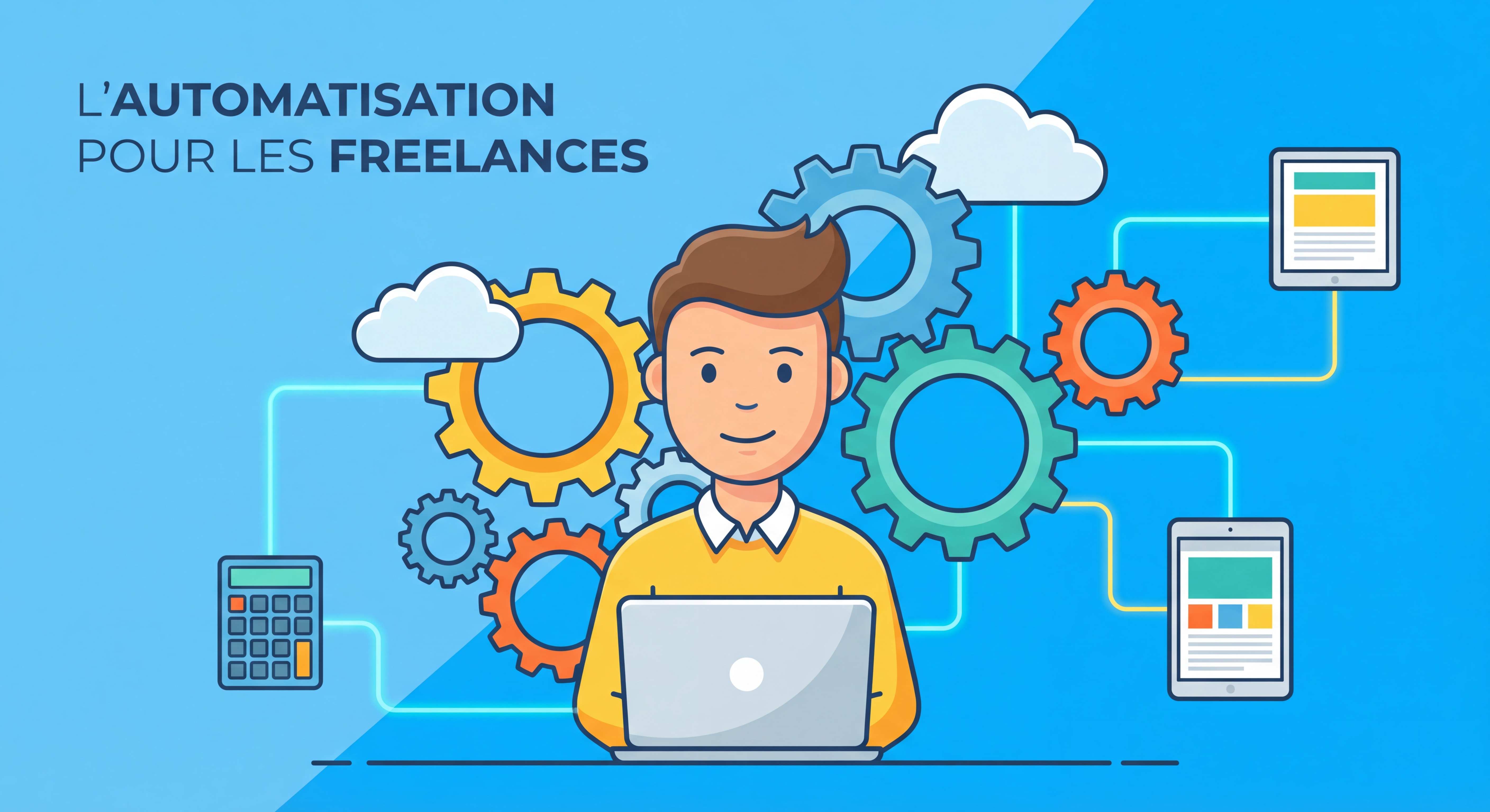 Illustration flat design d'un freelance entouré d'engrenages et d'outils numériques connectés, symbolisant l'automatisation des tâches administratives, style moderne et épuré avec couleurs vives