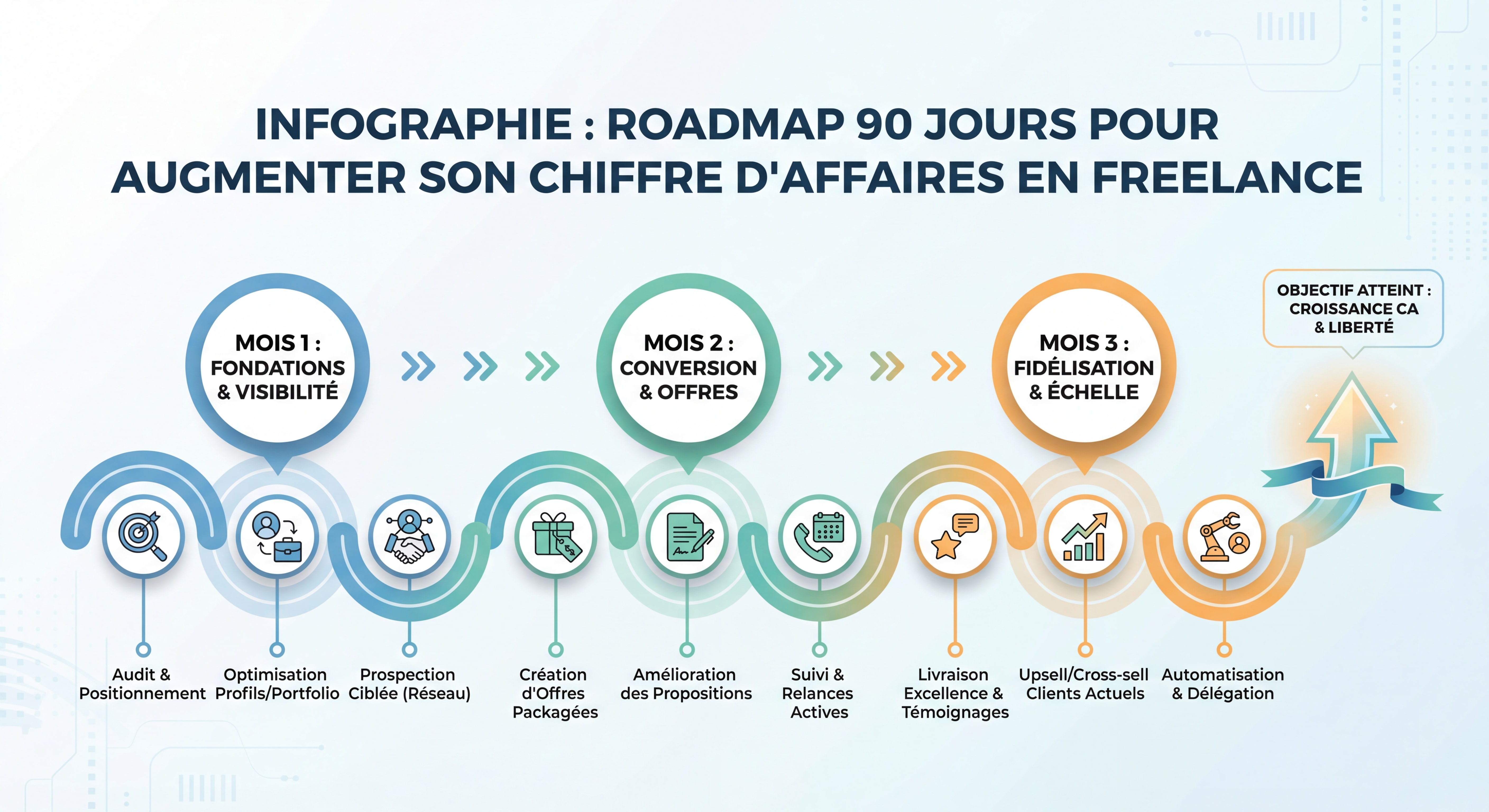 Infographie roadmap 90 jours pour augmenter son chiffre d'affaires en freelance, timeline visuelle avec les 3 mois d'actions clés, style moderne et épuré