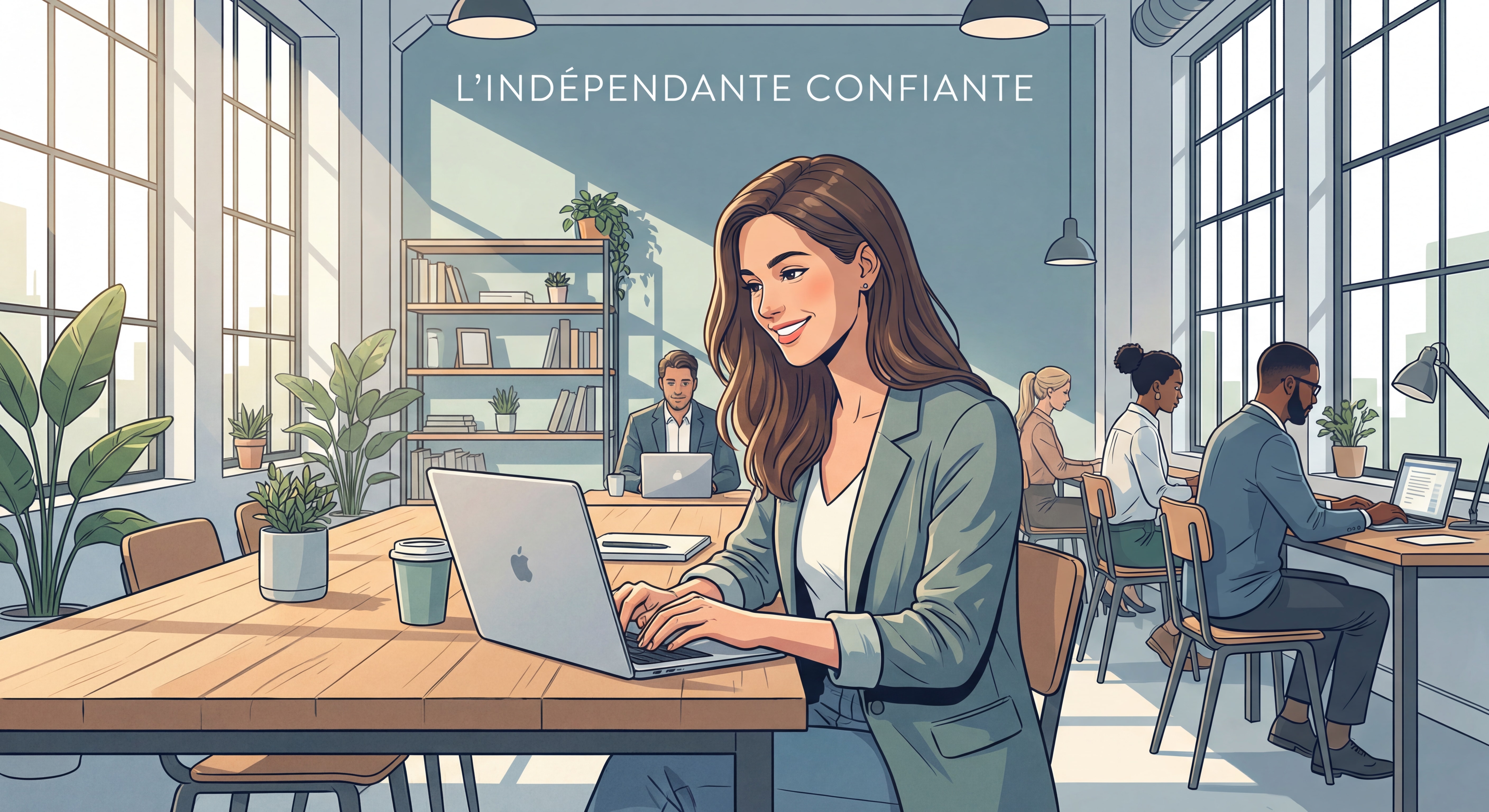 Indépendante confiante travaillant sur son laptop dans un espace de coworking moderne, lumière naturelle, ambiance inspirante et professionnelle