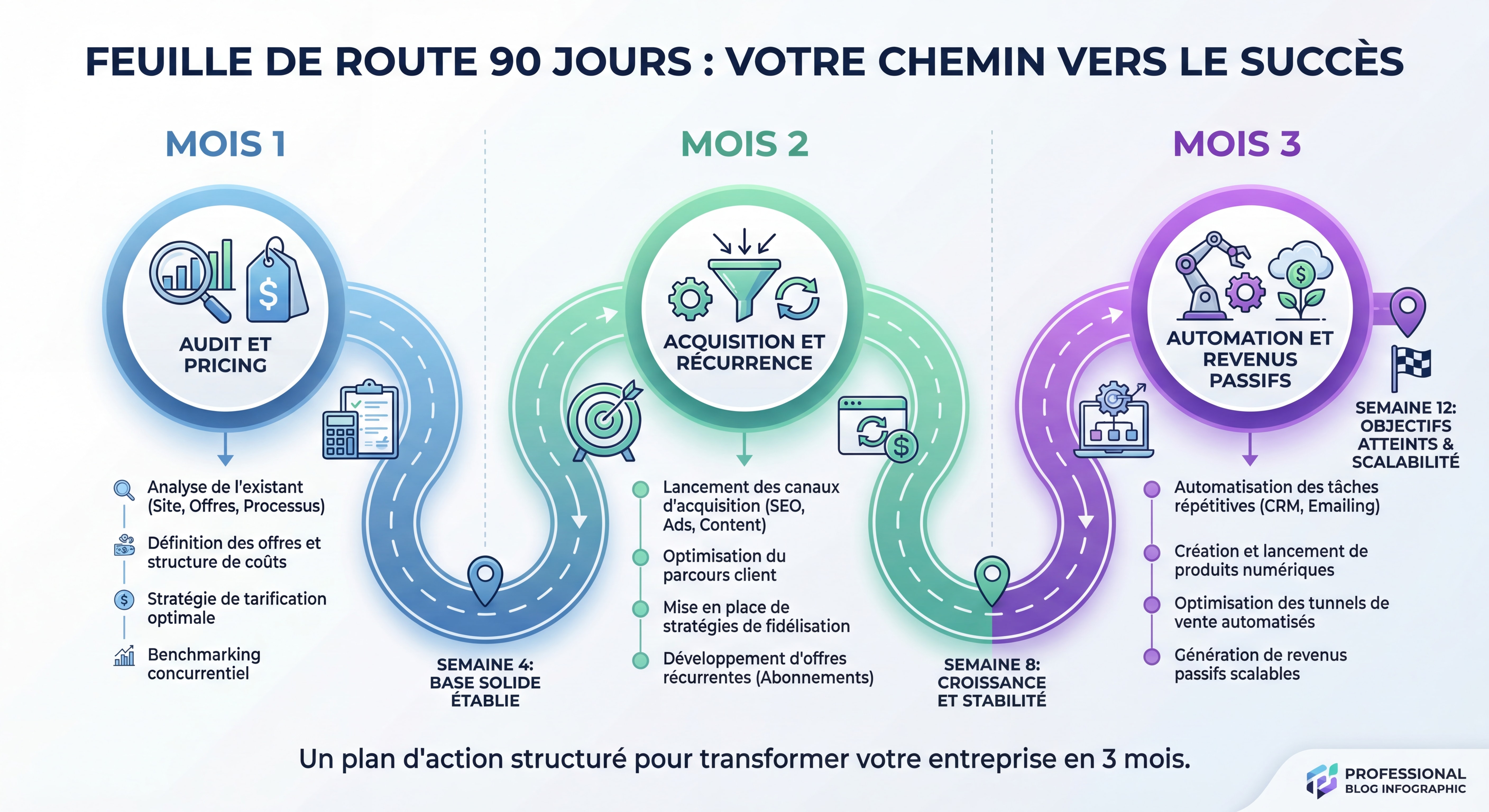 Infographie roadmap 90 jours avec timeline visuelle : Mois 1 Audit et pricing, Mois 2 Acquisition et récurrence, Mois 3 Automation et revenus passifs