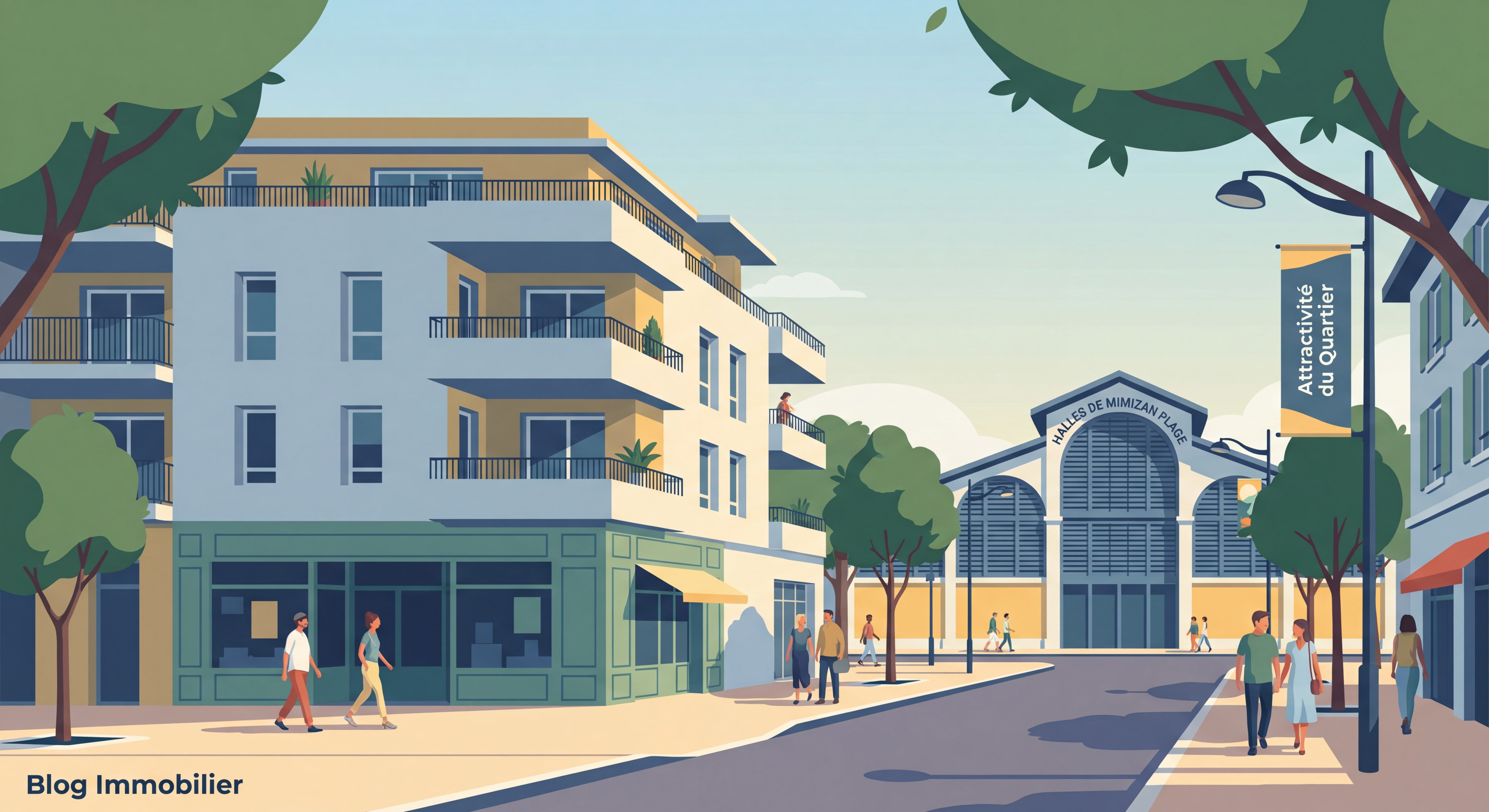 Vue de rue d'un bien immobilier à Mimizan Plage avec les Halles du marché en arrière-plan, illustration attractivité du quartier