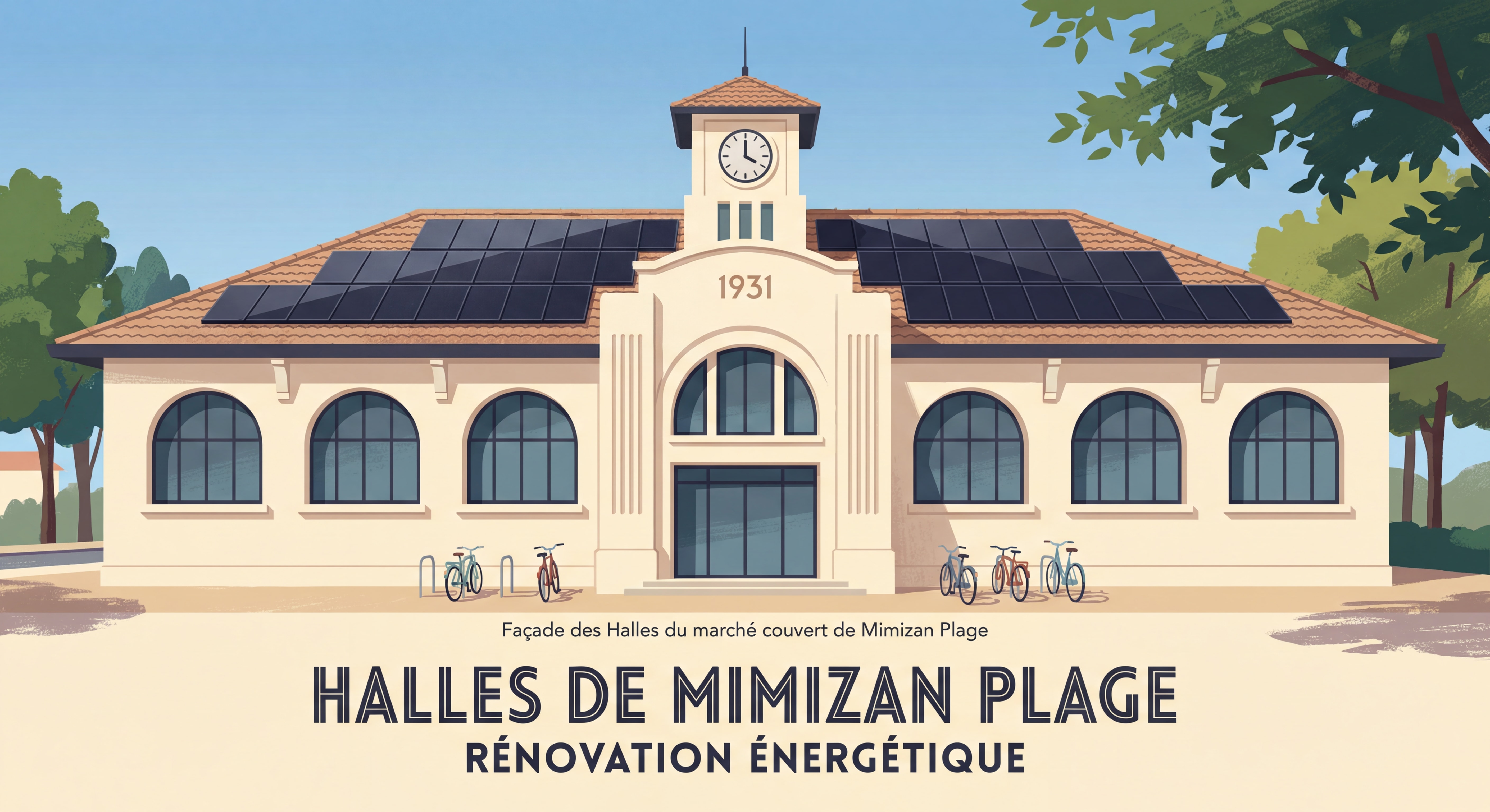 Façade des Halles du marché couvert de Mimizan Plage, bâtiment historique de 1931 rénové avec panneaux photovoltaïques en toiture