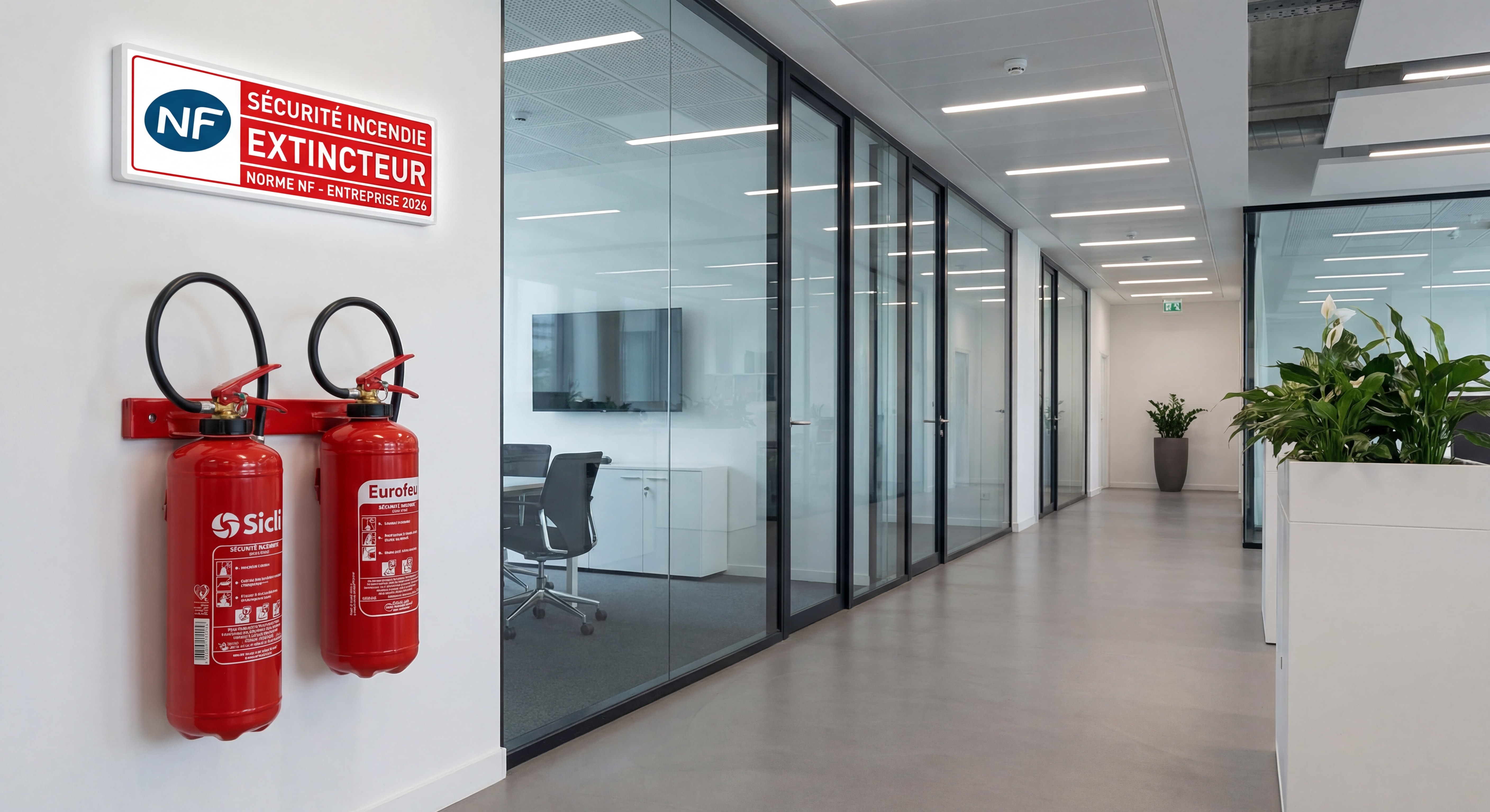 Extincteur Sicli et Eurofeu installés dans un couloir professionnel avec signalétique incendie conforme aux normes NF - sécurité incendie entreprise 2026