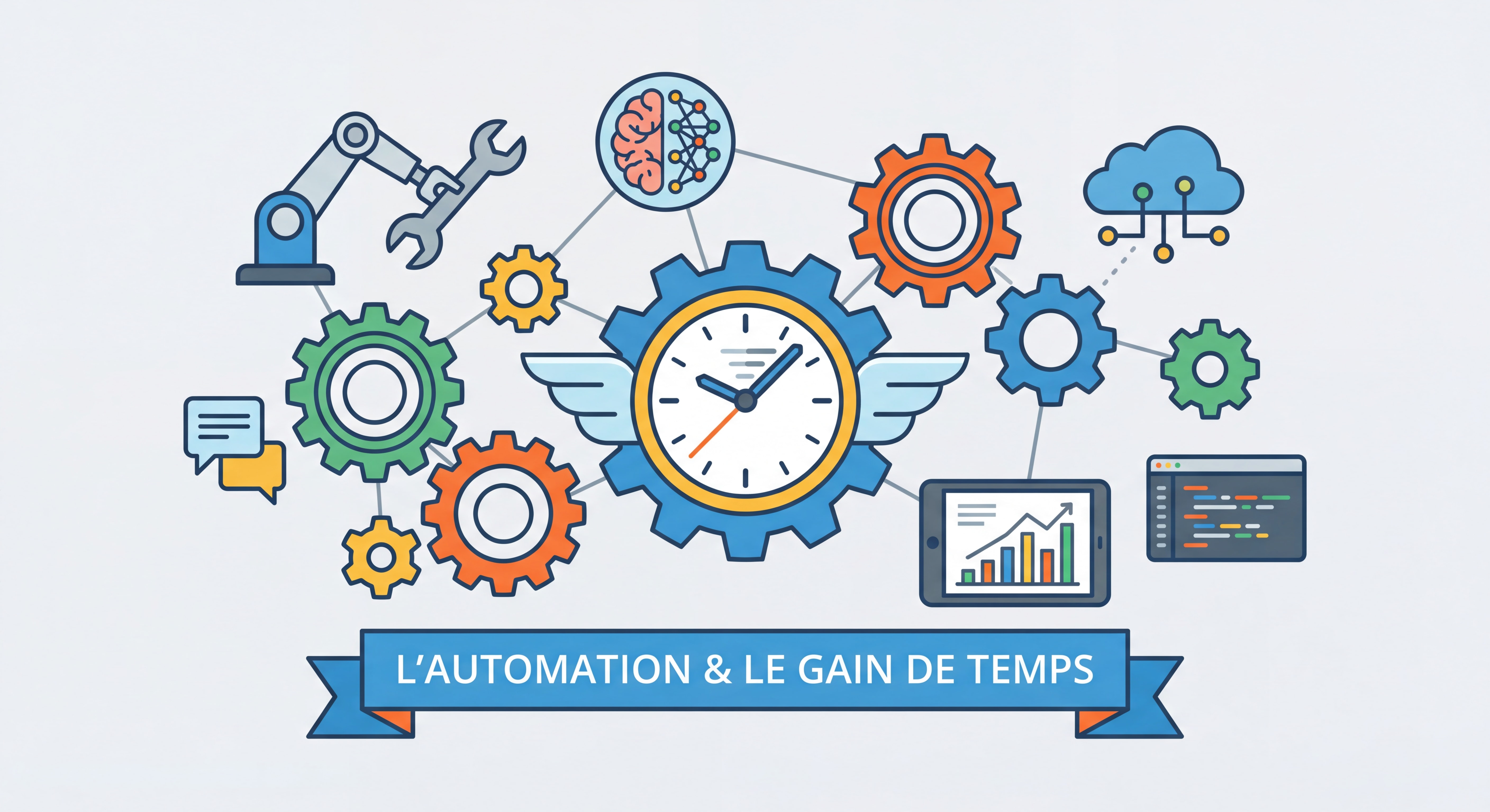 Illustration flat design moderne représentant l'automation et le gain de temps — engrenages connectés, horloge, outils numériques et icônes IA, couleurs vives sur fond épuré