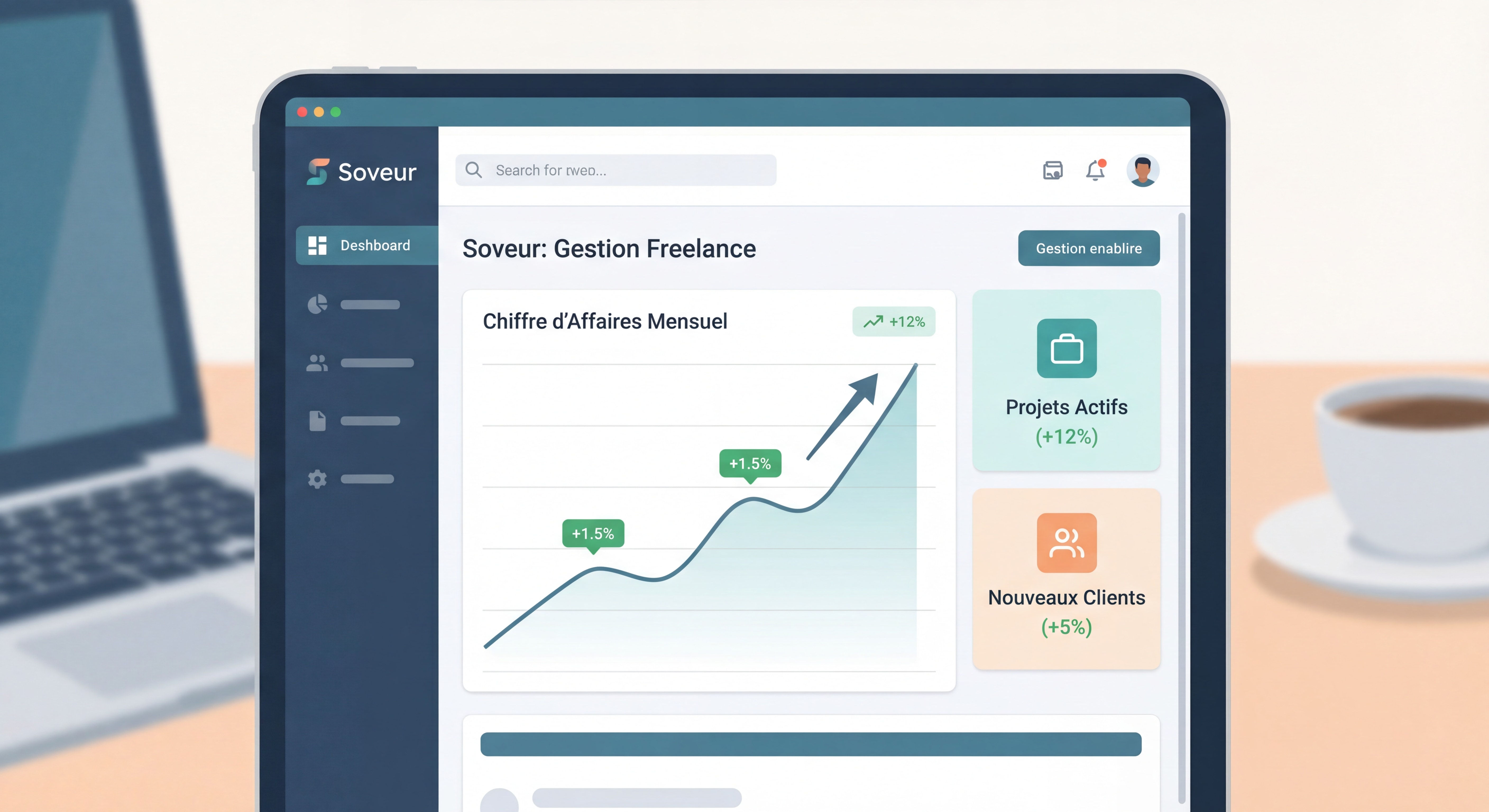 Dashboard moderne d'outil de gestion freelance type Soveur montrant un suivi de chiffre d'affaires mensuel avec des indicateurs clés de performance en hausse