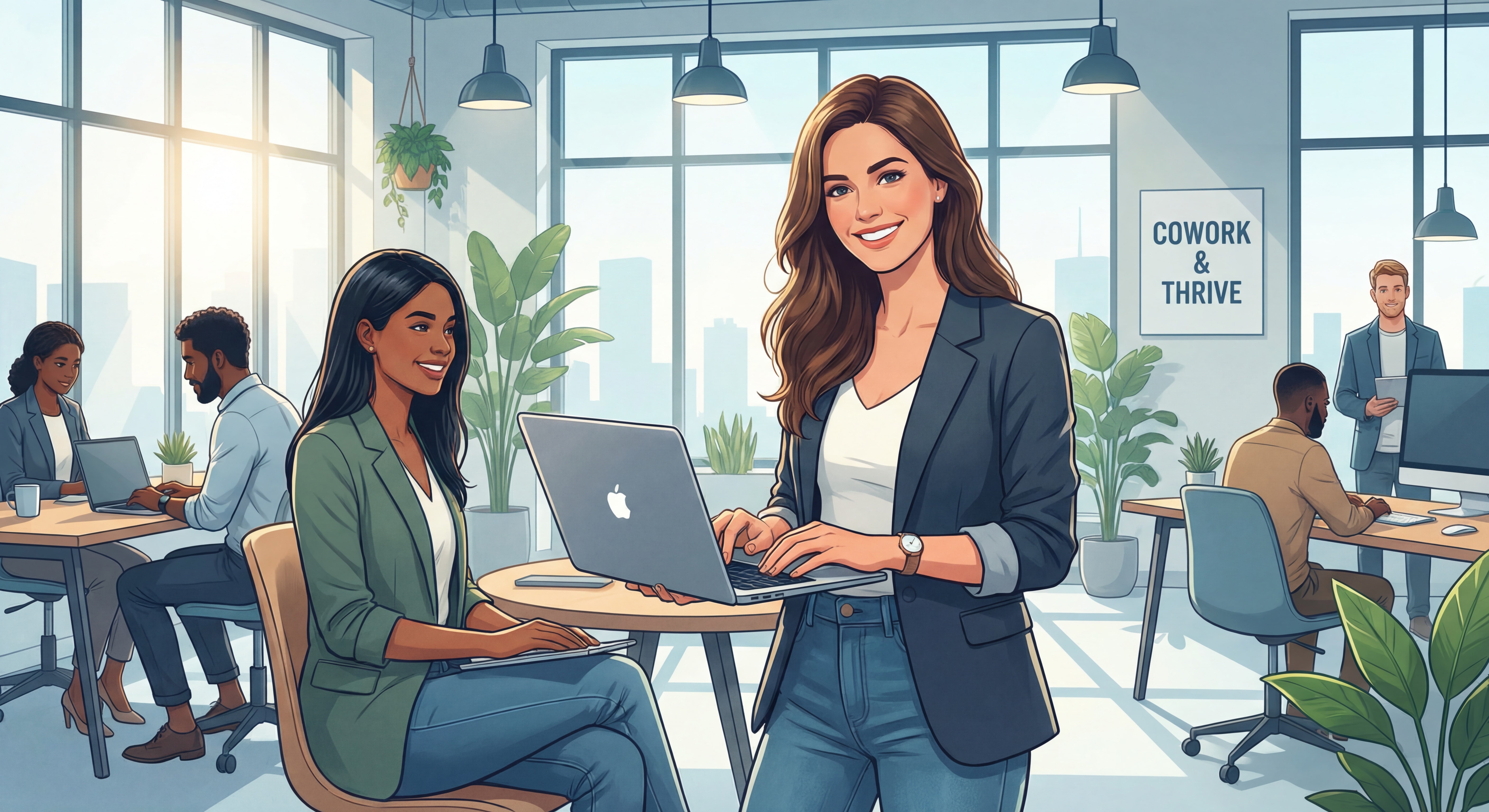 Indépendant(e) confiant(e) travaillant sur un laptop dans un espace de coworking moderne et lumineux, souriant, posture ouverte et déterminée