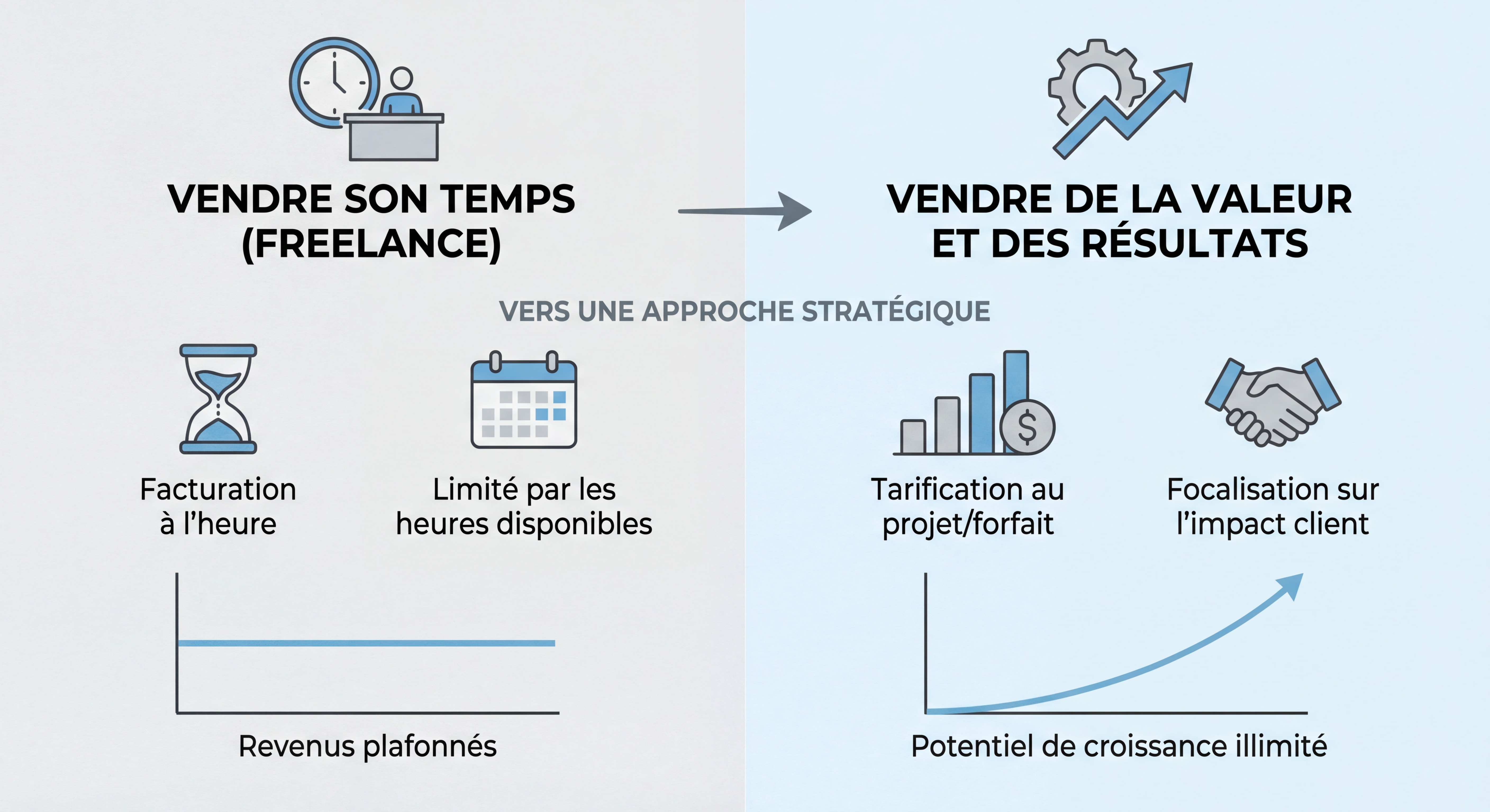 Infographie illustrant la différence entre vendre son temps en freelance versus vendre de la valeur et des résultats mesurables pour le client