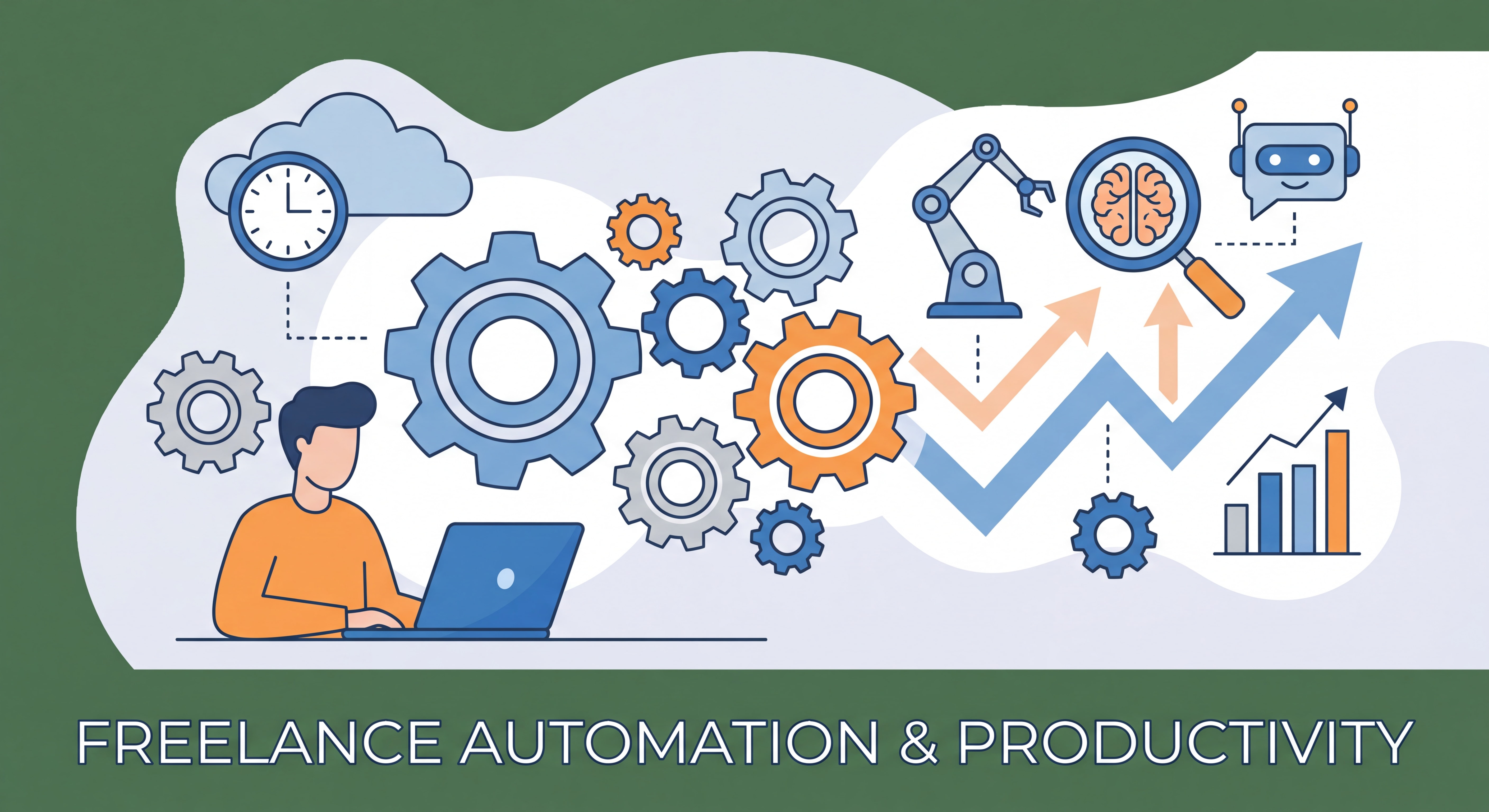 Illustration flat design représentant l'automation freelance avec des engrenages connectés, une horloge et des outils IA modernes symbolisant le gain de productivité