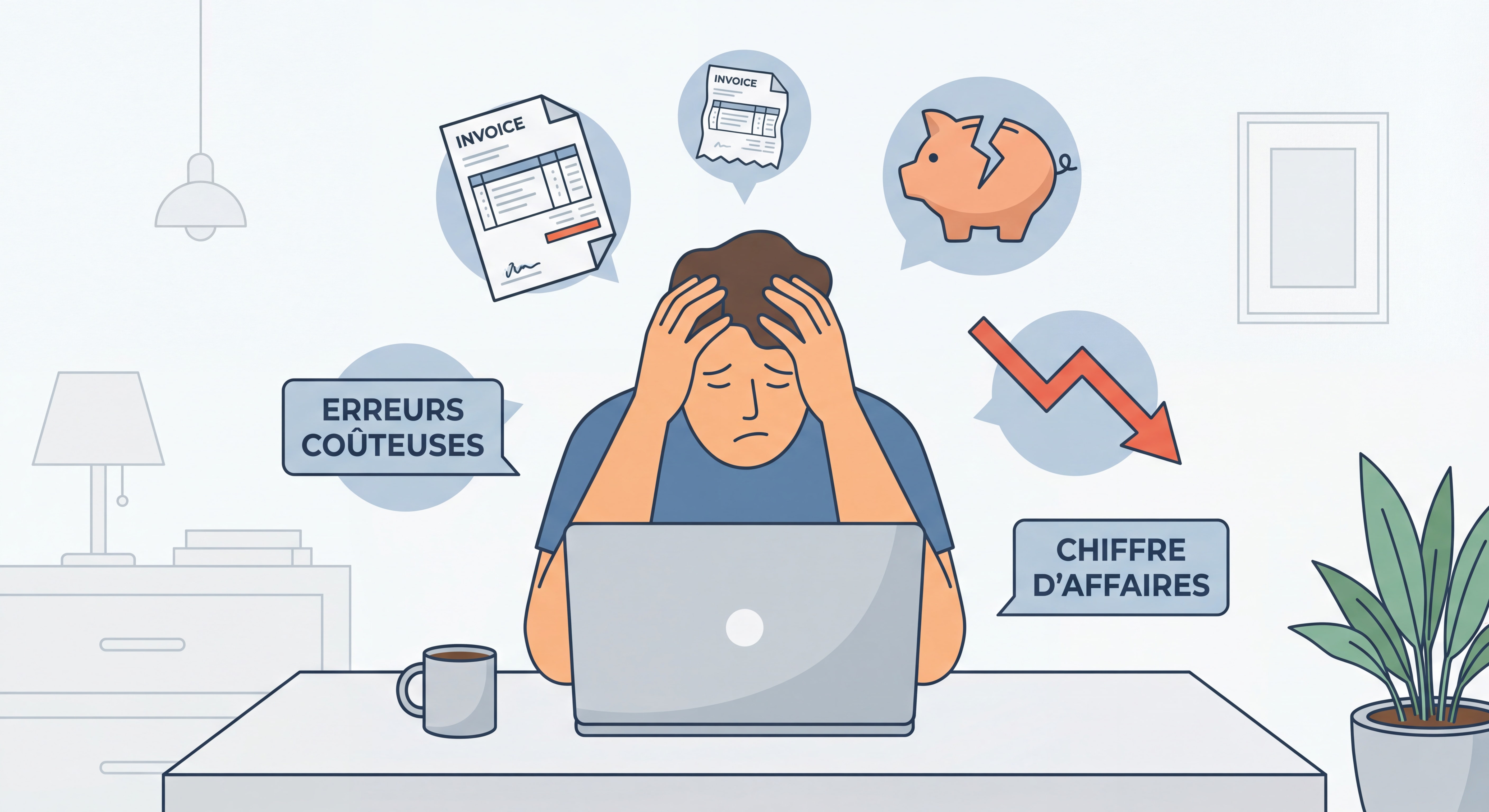 Freelance indépendant frustré devant son ordinateur, symbolisant les erreurs coûteuses à éviter pour augmenter son chiffre d'affaires