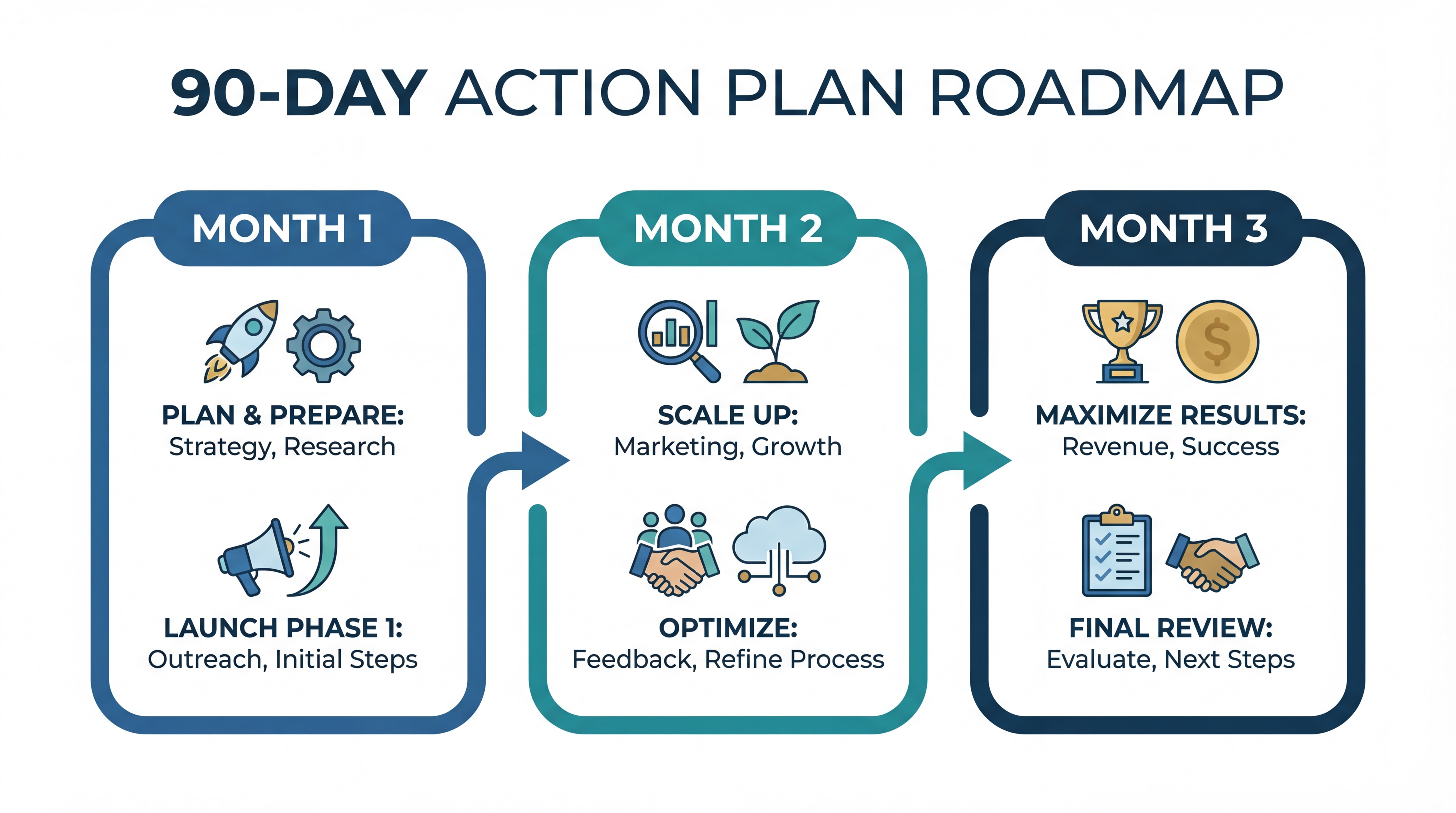 Infographie roadmap visuelle du plan d'action 90 jours — timeline horizontale avec 3 mois distincts, étapes clés illustrées par des icônes, style épuré et actionnable, couleurs professionnelles