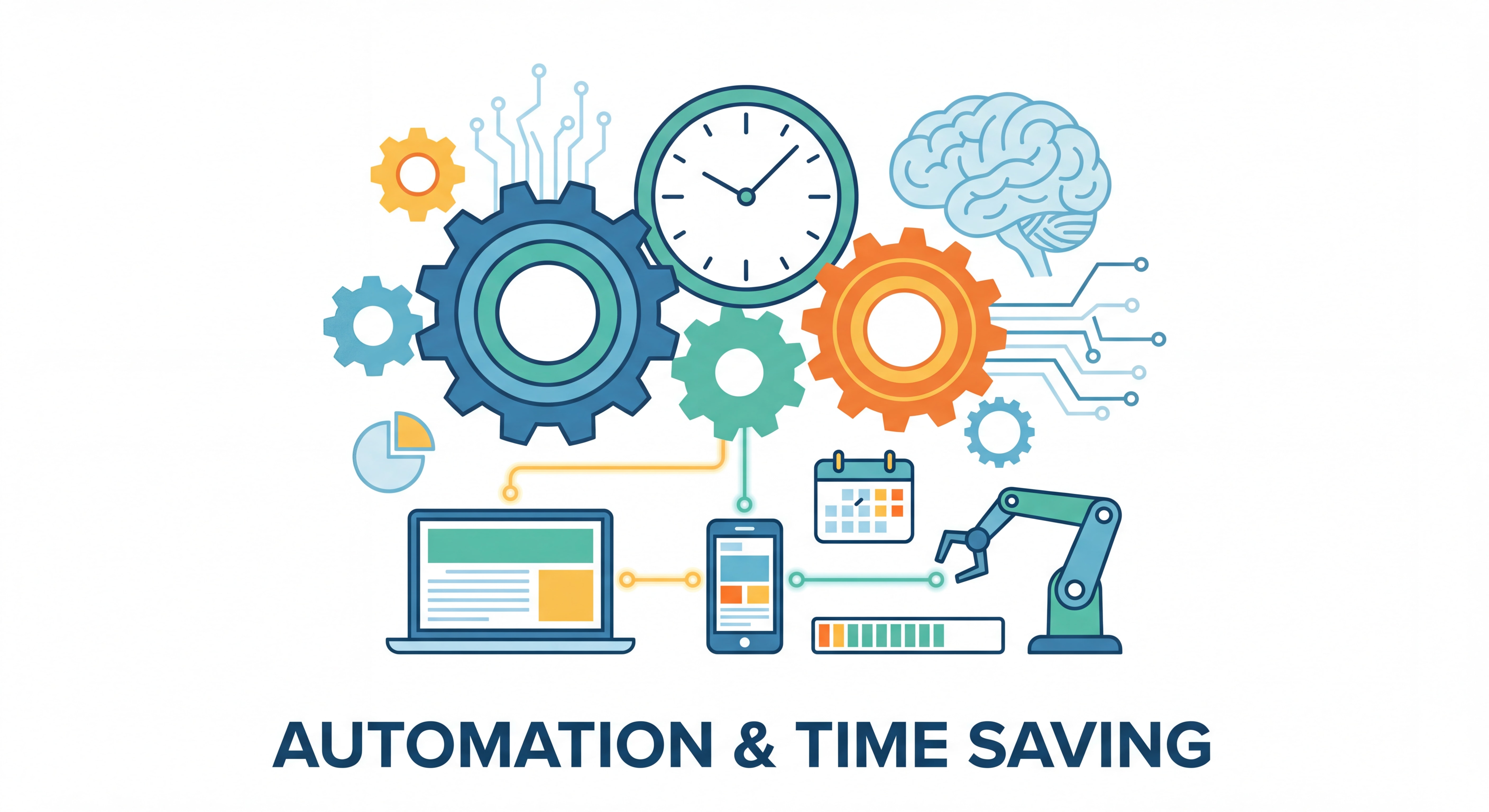 Illustration flat design moderne représentant l'automatisation et le gain de temps — engrenages connectés, horloge stylisée, IA et outils numériques, couleurs vives et épurées, style professionnel
