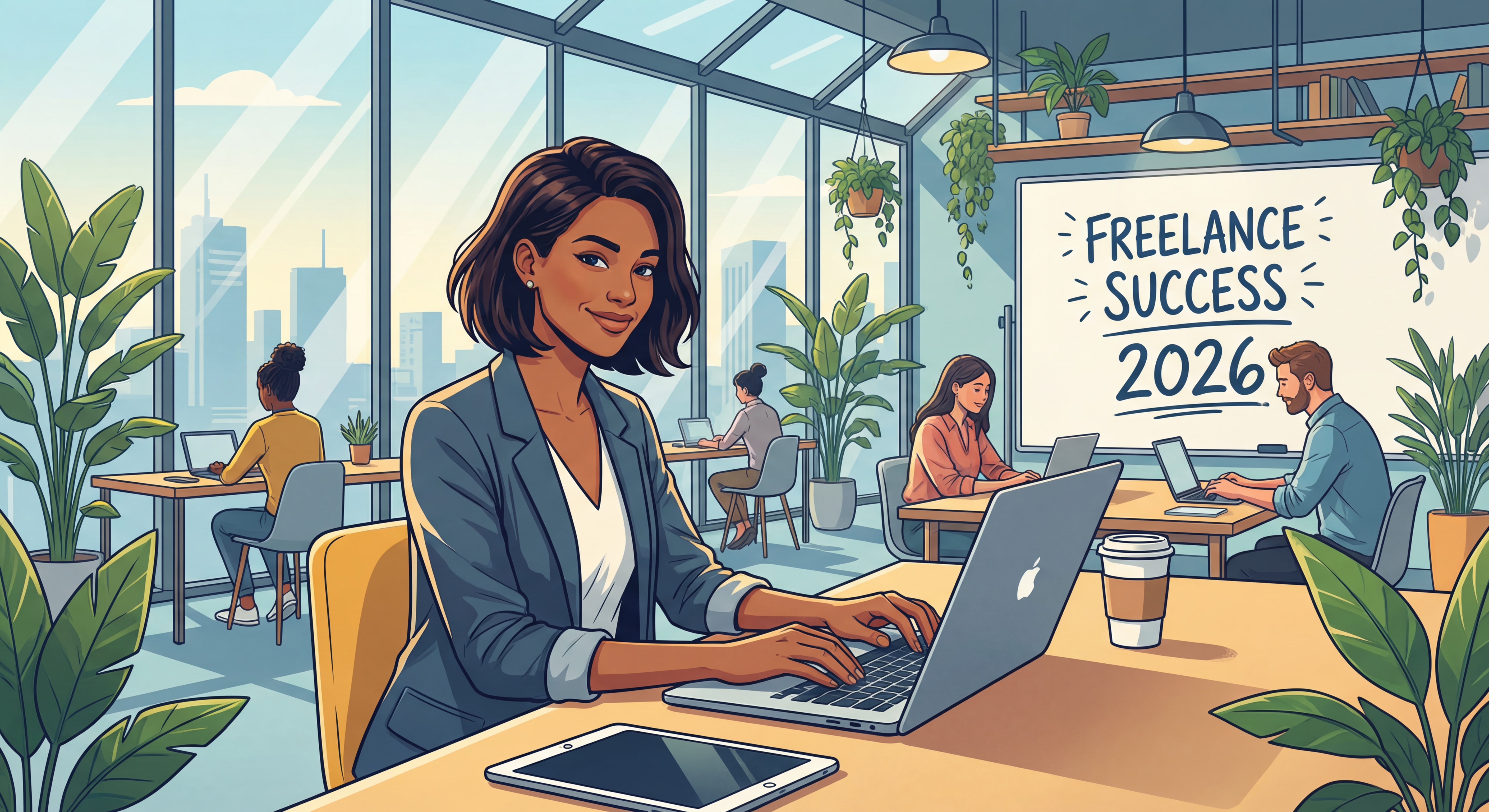 Indépendant(e) confiant(e) travaillant sur un laptop dans un espace de coworking moderne et lumineux, sourire naturel, posture assurée, symbolisant la réussite freelance en 2026