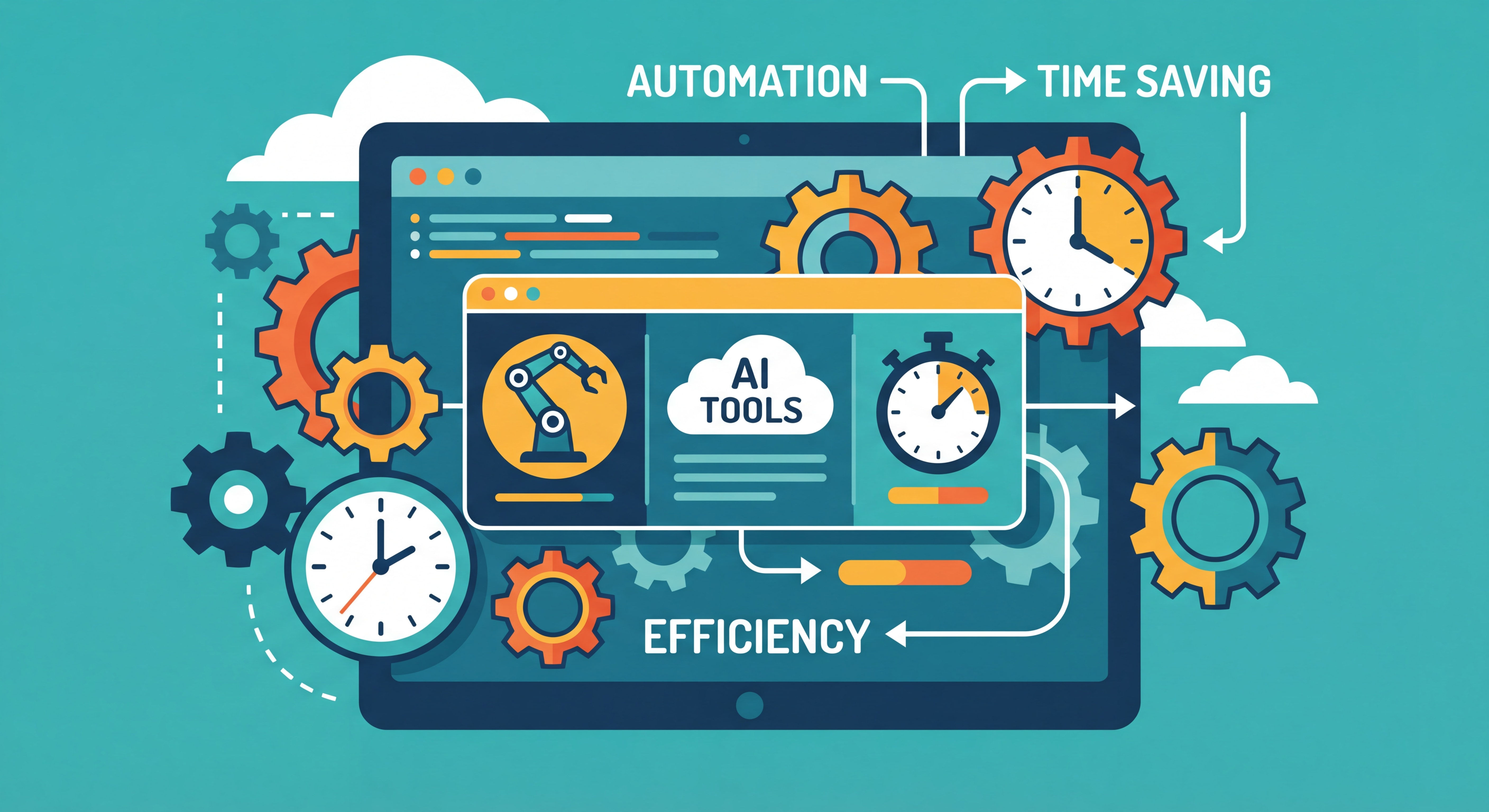 Illustration flat design moderne représentant l'automation et le gain de temps — engrenages connectés, horloge, outils IA, interface numérique épurée — couleurs vives et professionnelles