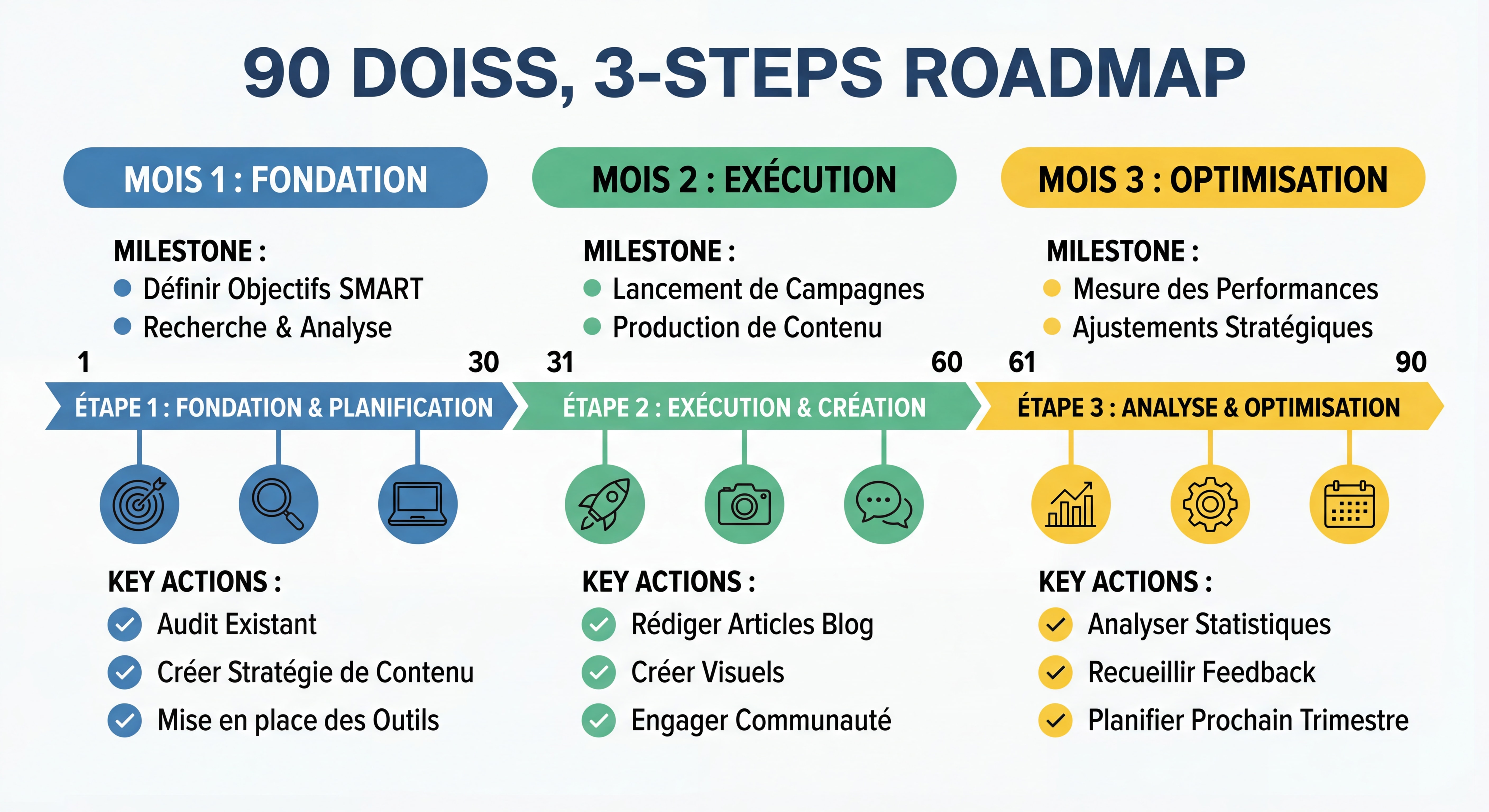 Roadmap visuelle en 3 étapes sur 90 jours — timeline claire avec jalons, actions clés par mois, design infographique simple et actionnable, style moderne