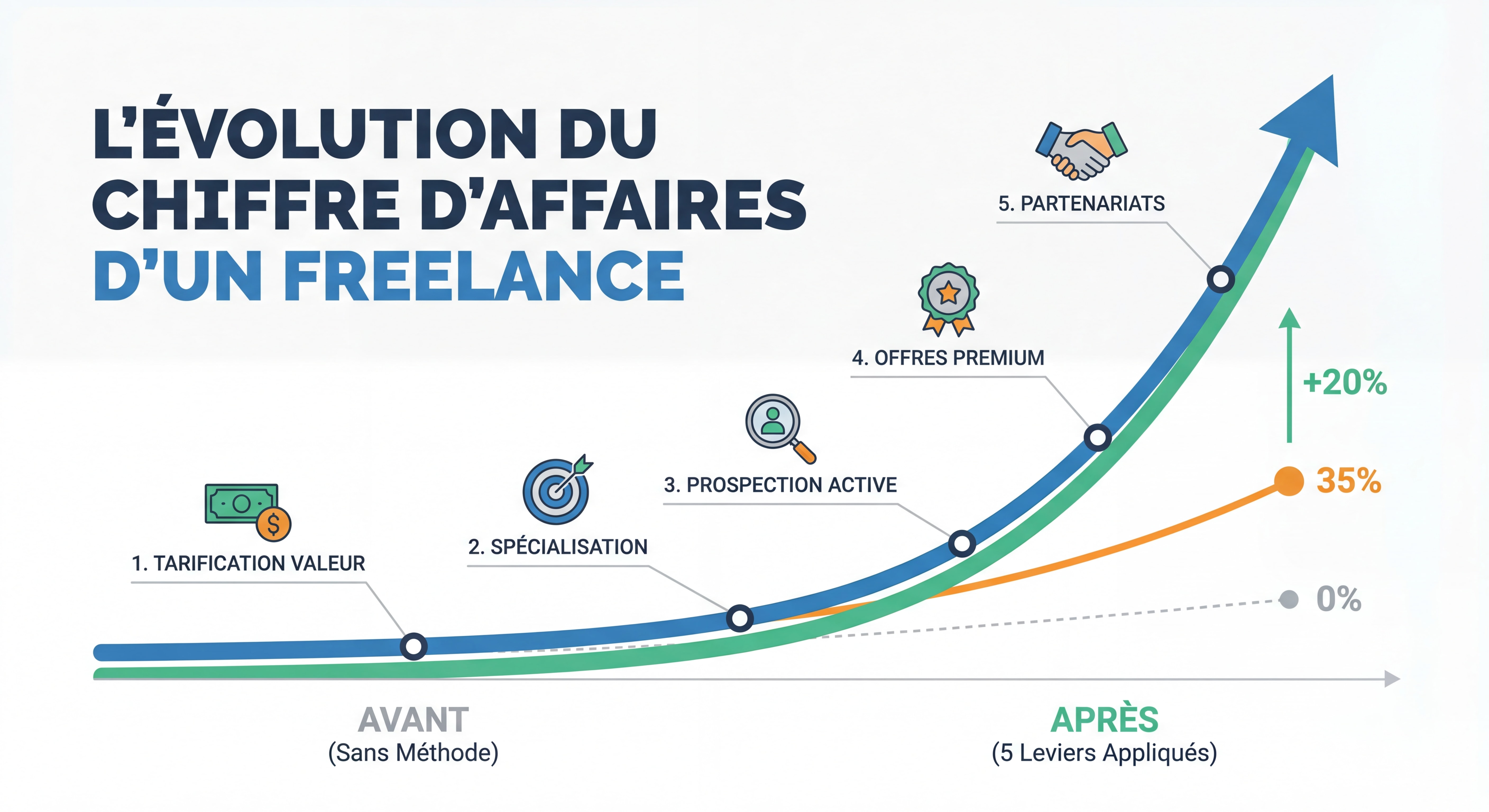Infographie moderne montrant l'évolution du chiffre d'affaires d'un freelance avec application des 5 leviers — courbe ascendante avant/après, data visualization claire, design épuré