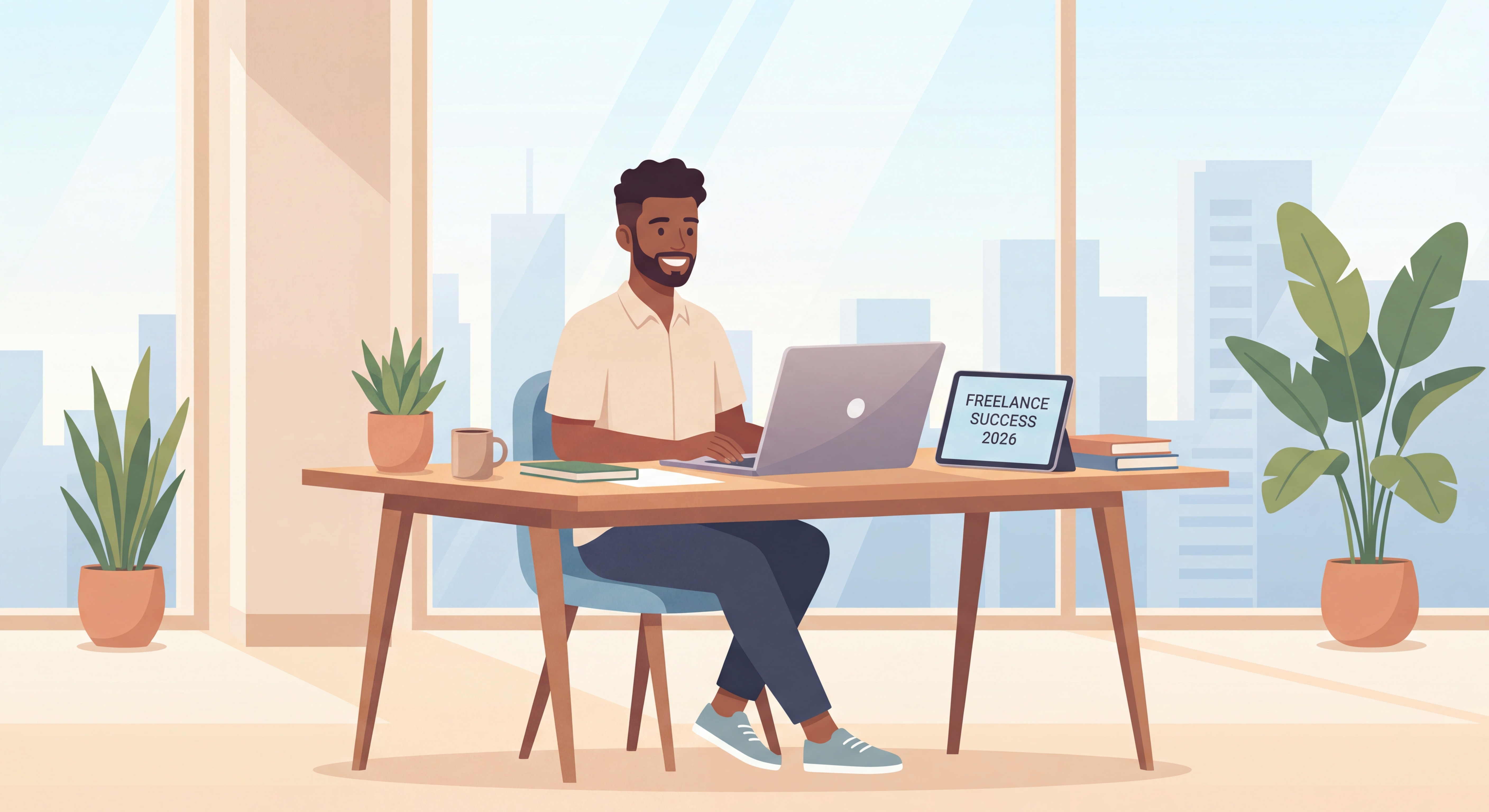 Indépendant(e) confiant(e) travaillant sur un laptop dans un espace de travail moderne, lumière naturelle, posture assurée, bureau épuré — illustrant la réussite freelance en 2026