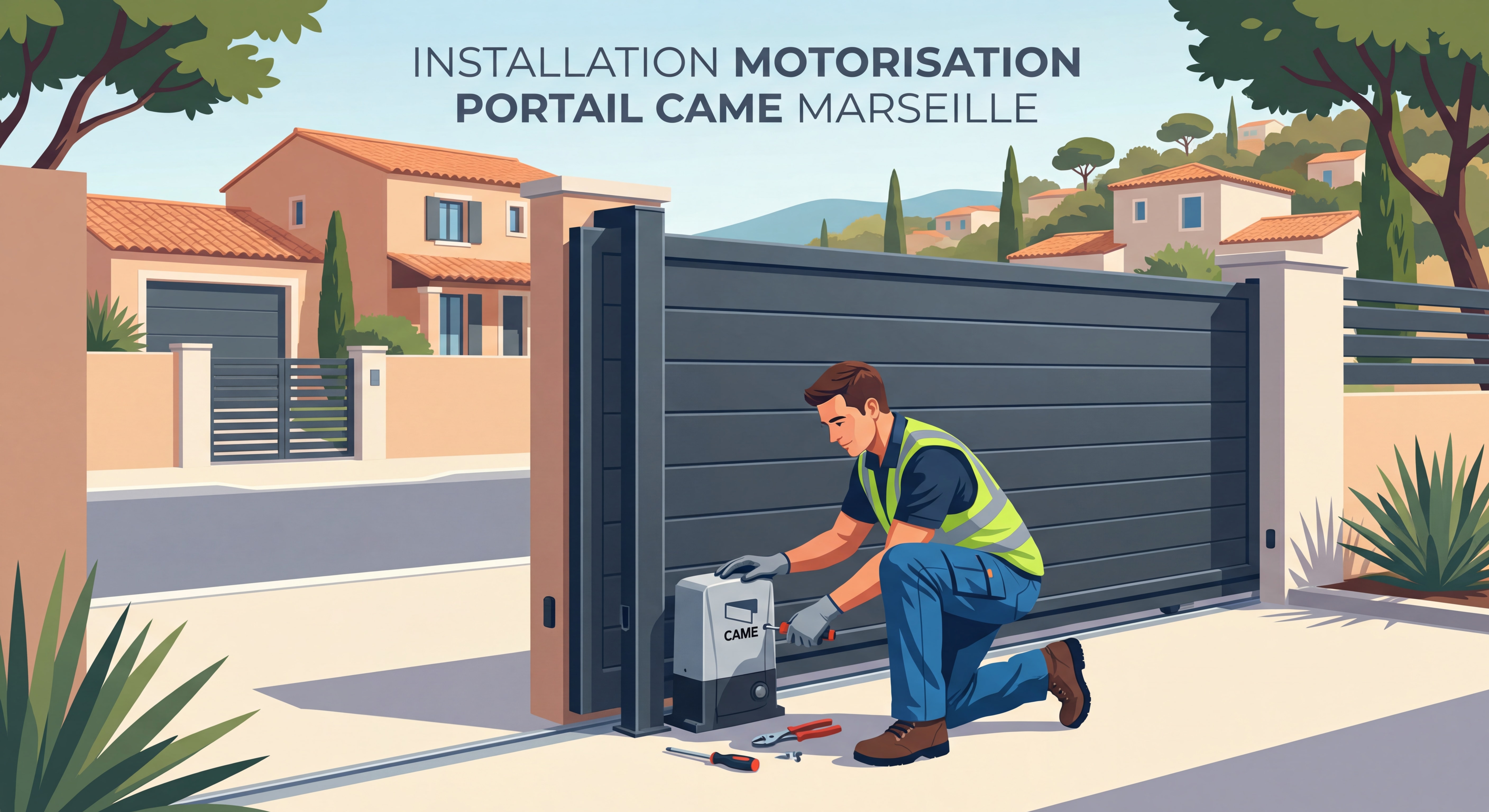 Installateur professionnel posant une motorisation CAME sur un portail coulissant aluminium à Marseille