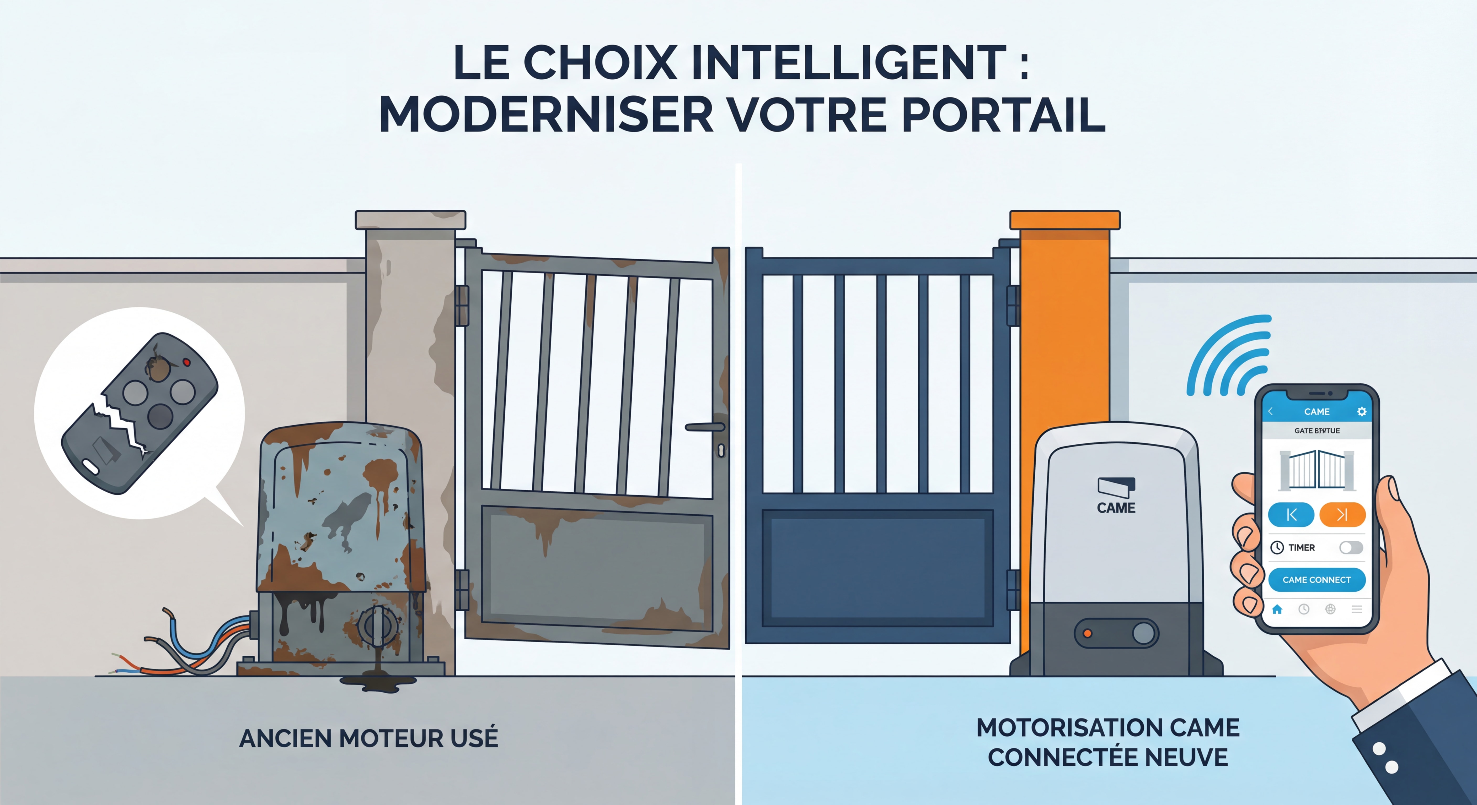 Comparaison visuelle entre un ancien moteur de portail usé et une motorisation CAME neuve connectée avec application smartphone