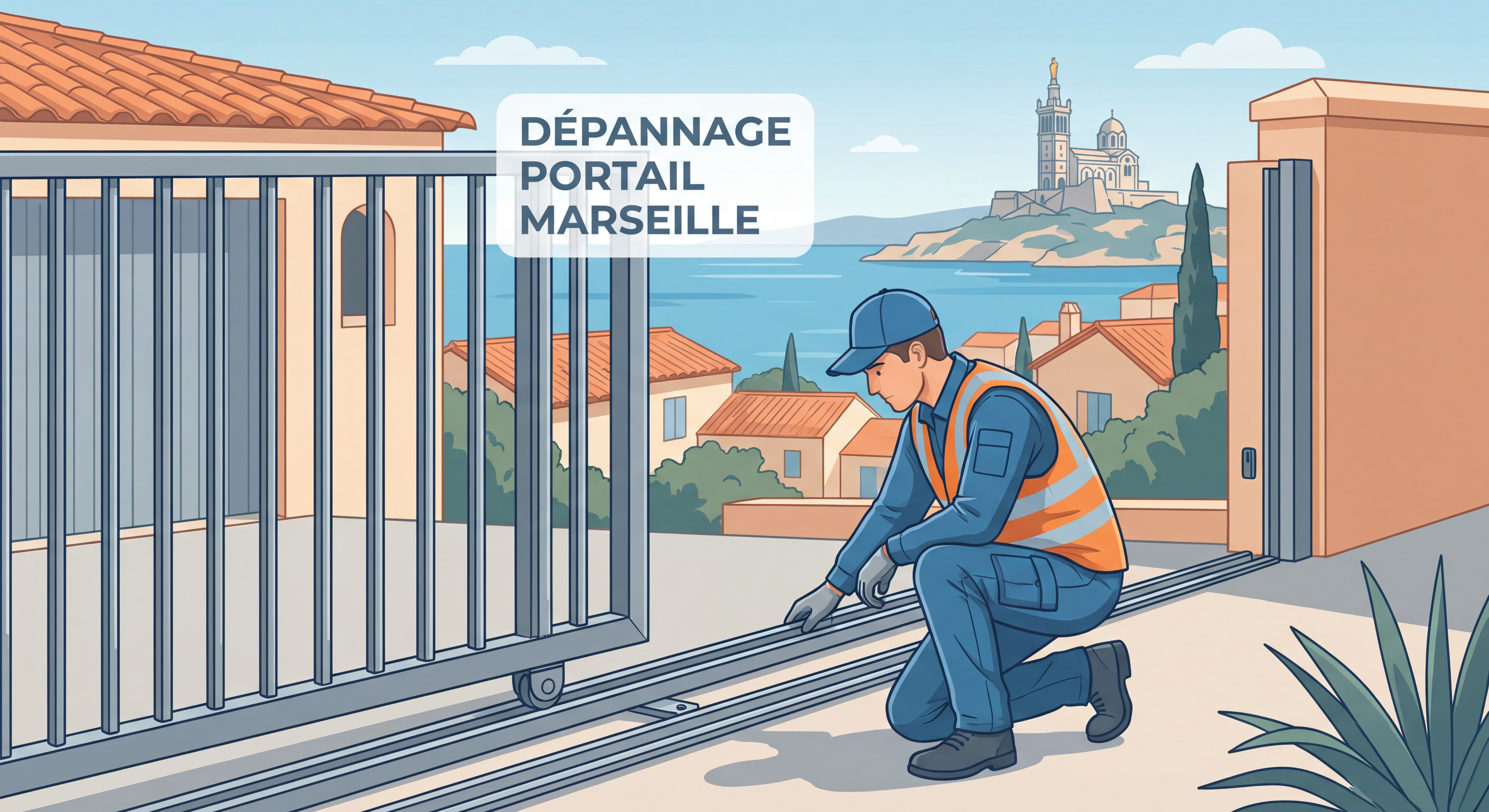 Technicien inspectant un rail de portail coulissant mal aligné lors d