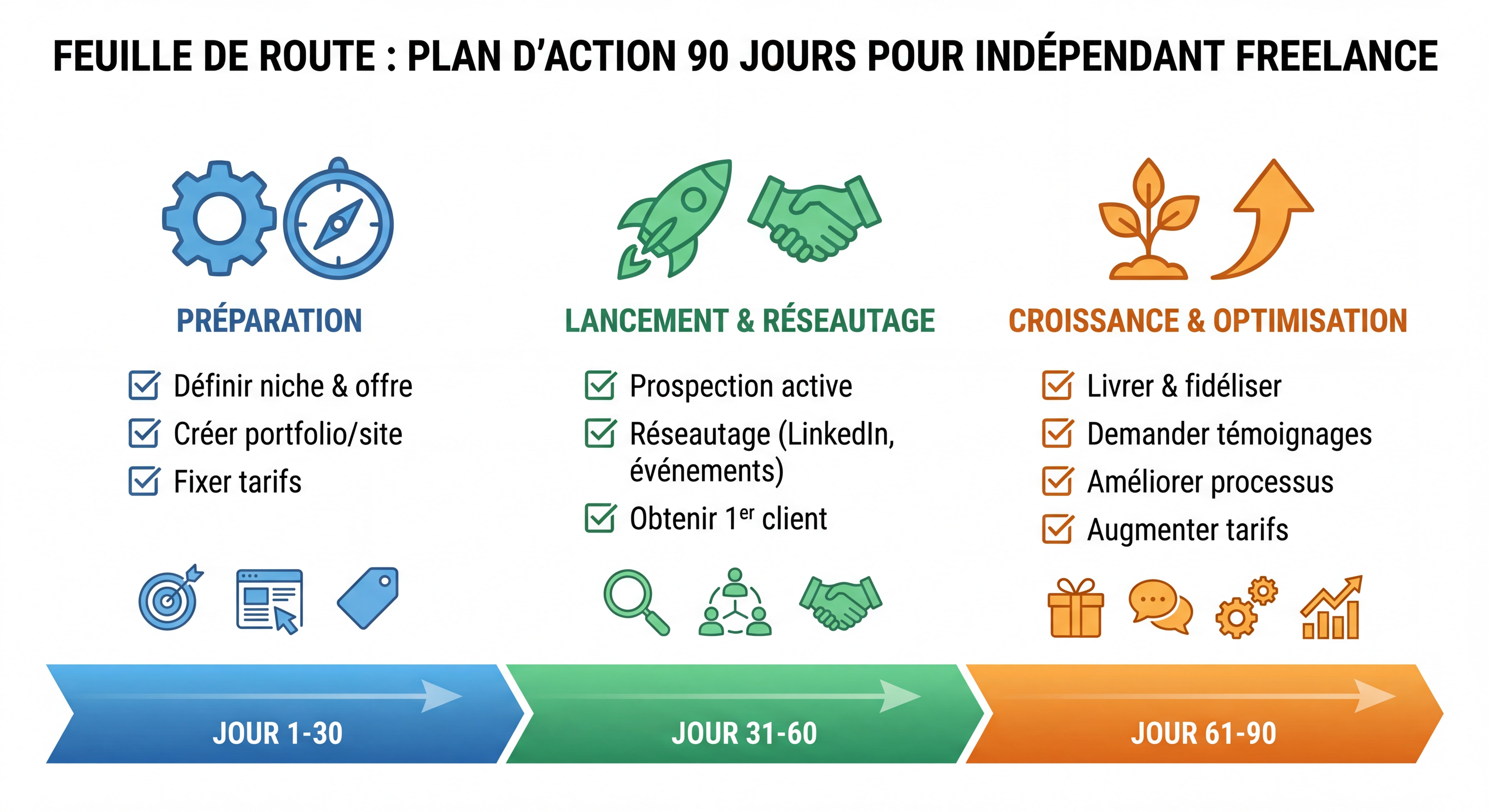 Infographie roadmap plan d'action 90 jours pour indépendant freelance avec timeline visuelle — 3 étapes mensuelles illustrées avec icônes et couleurs distinctes