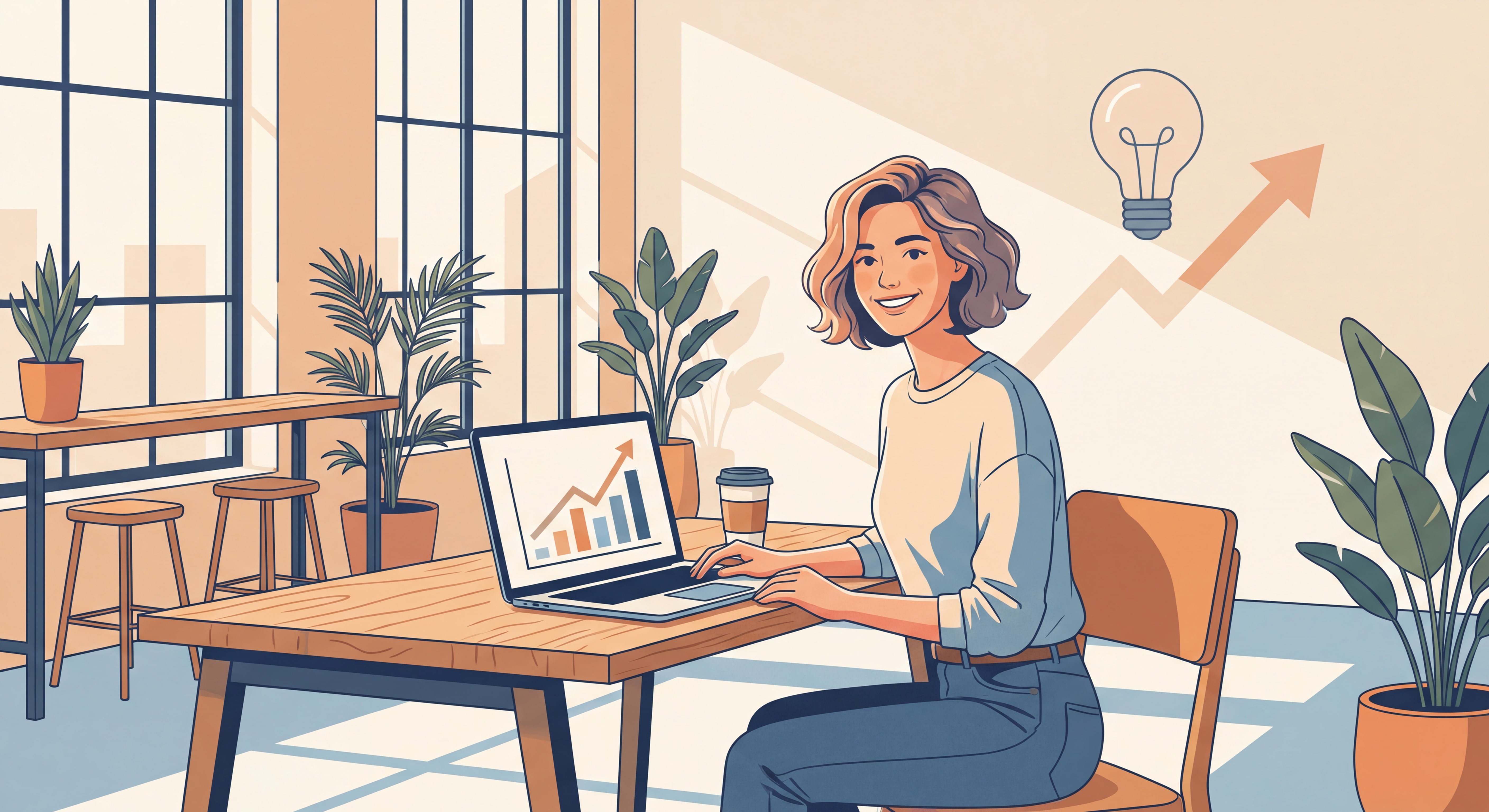 Indépendant(e) confiant(e) souriant(e) devant un laptop dans un espace de travail moderne et lumineux, symbolisant la réussite en freelance