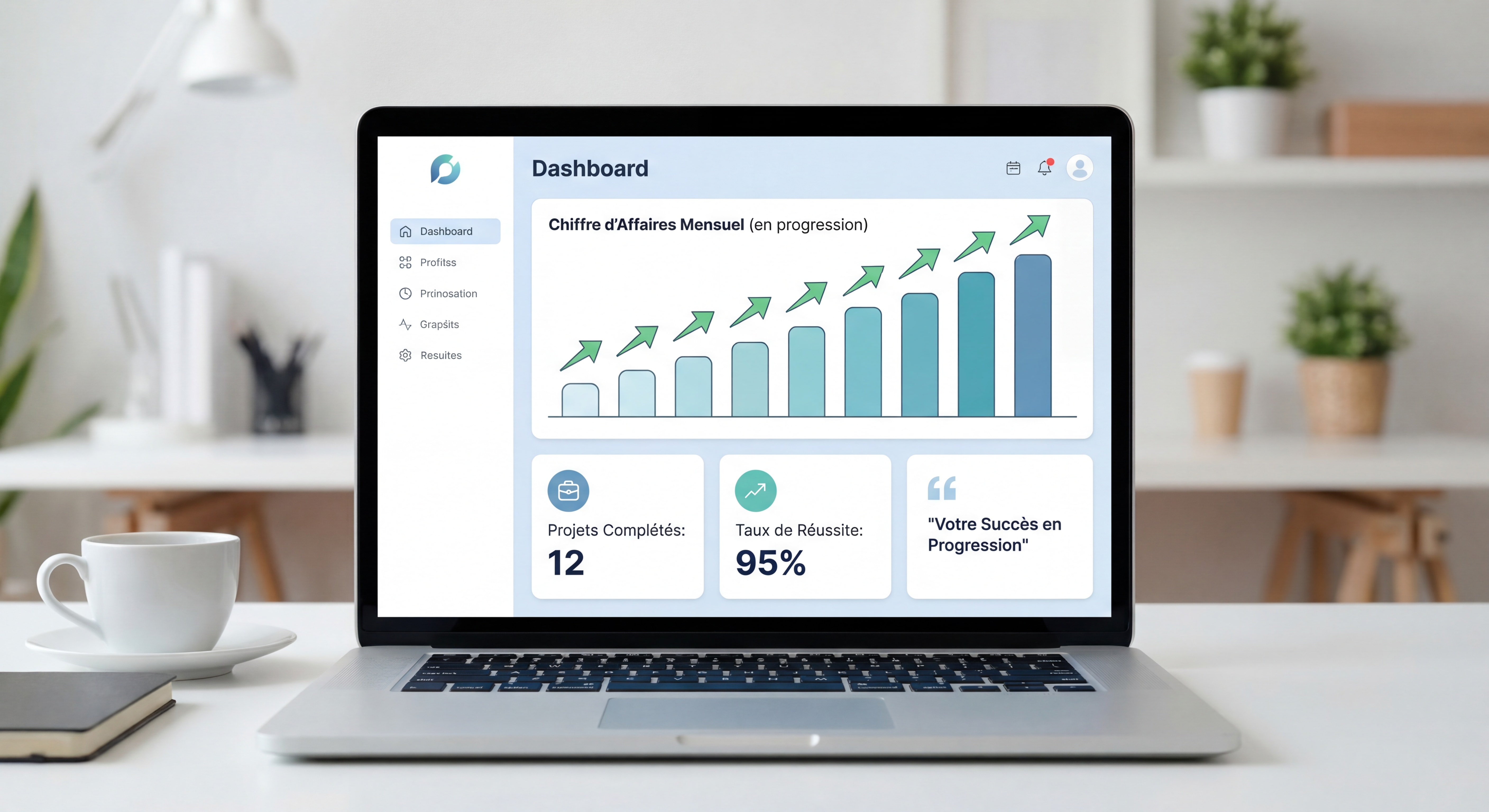 Dashboard propre et moderne d'un outil de gestion freelance type Soveur montrant un suivi de chiffre d'affaires en progression avec des données inspirantes et une interface épurée