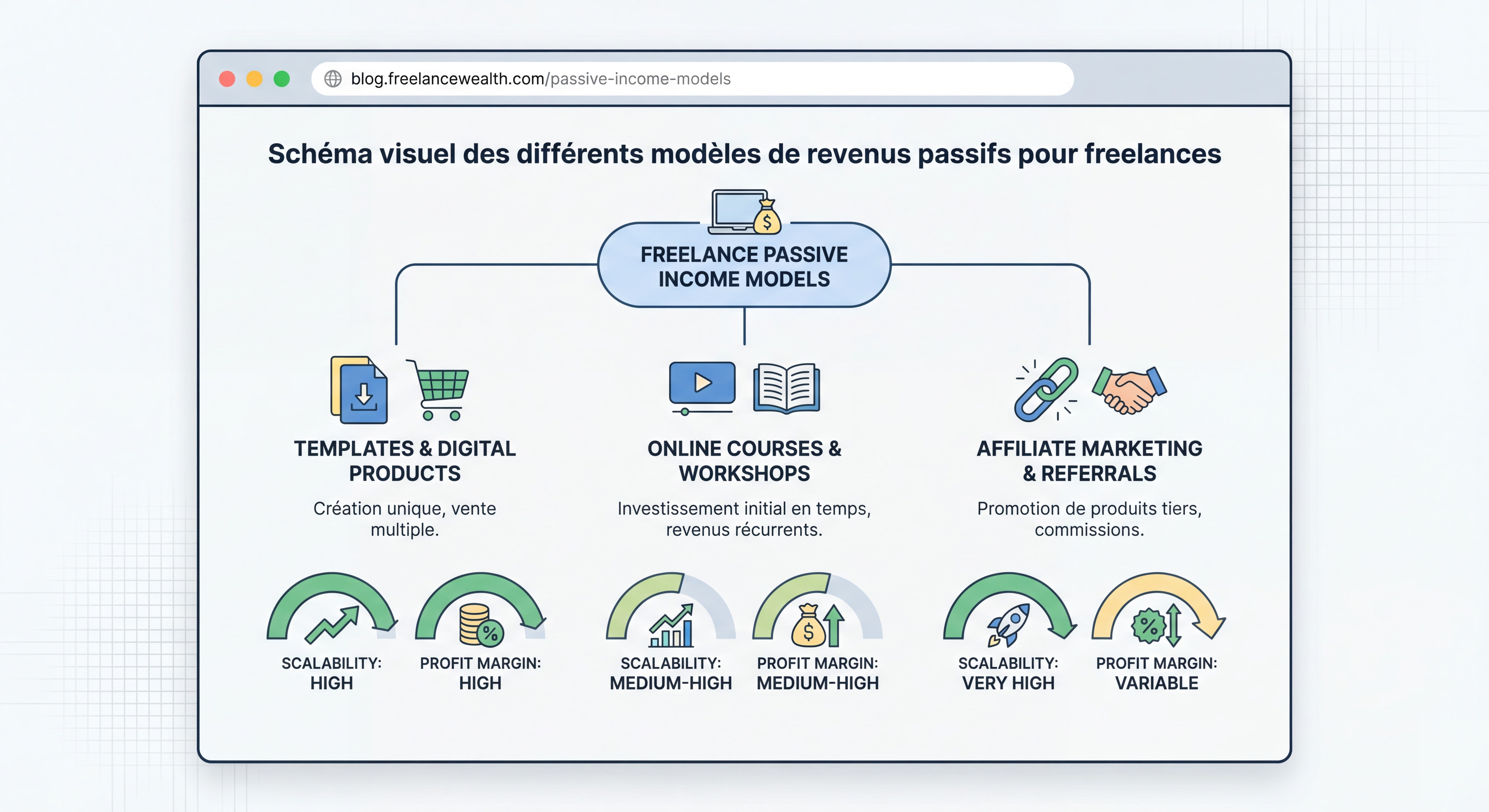 Schéma visuel des différents modèles de revenus passifs pour freelances : templates, formations, affiliation, avec indicateurs de scalabilité et de marge pour chaque modèle