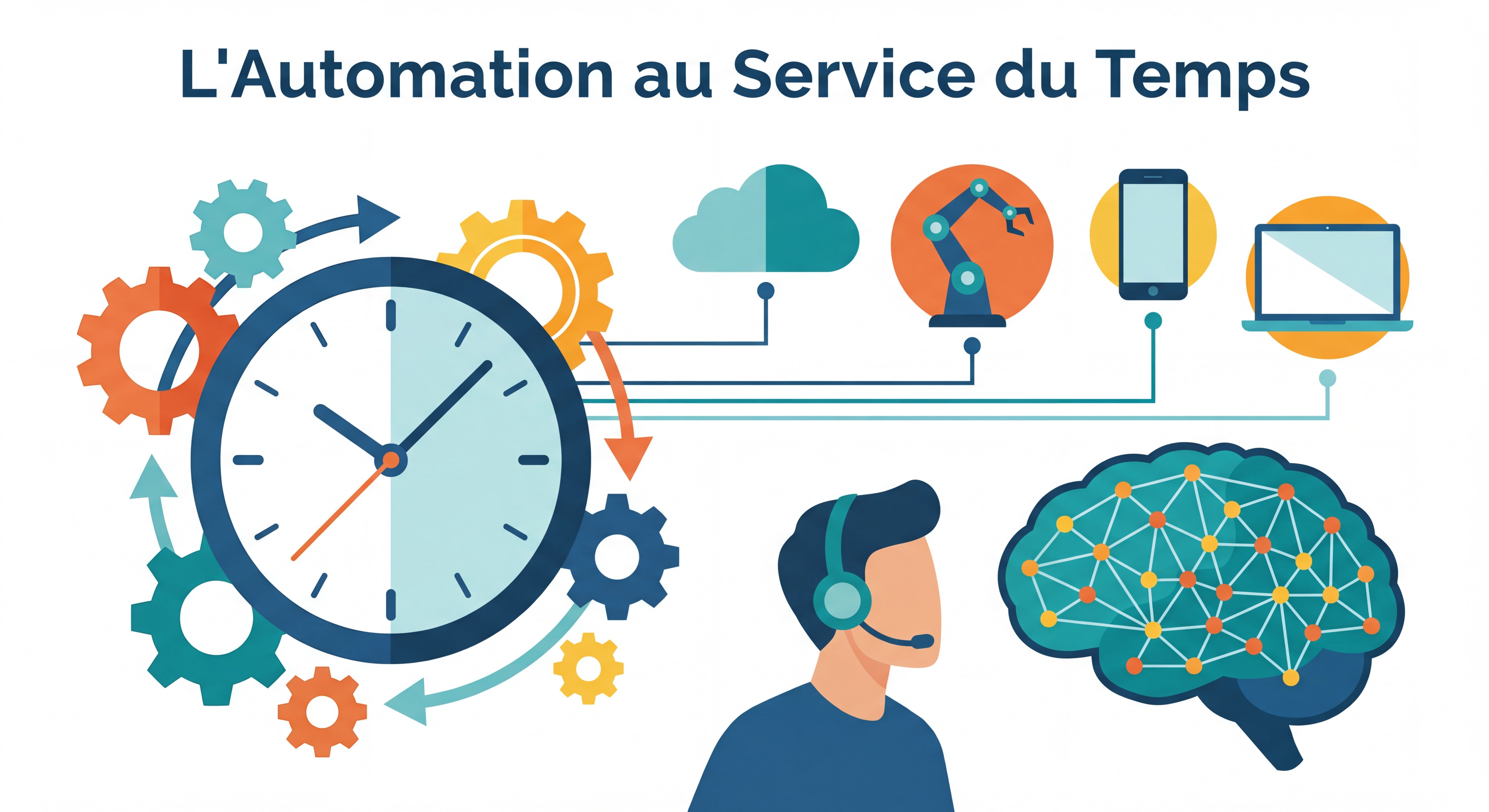 Illustration flat design moderne représentant l'automation et le gain de temps : engrenages, horloge, outils connectés et IA, couleurs vives et professionnelles