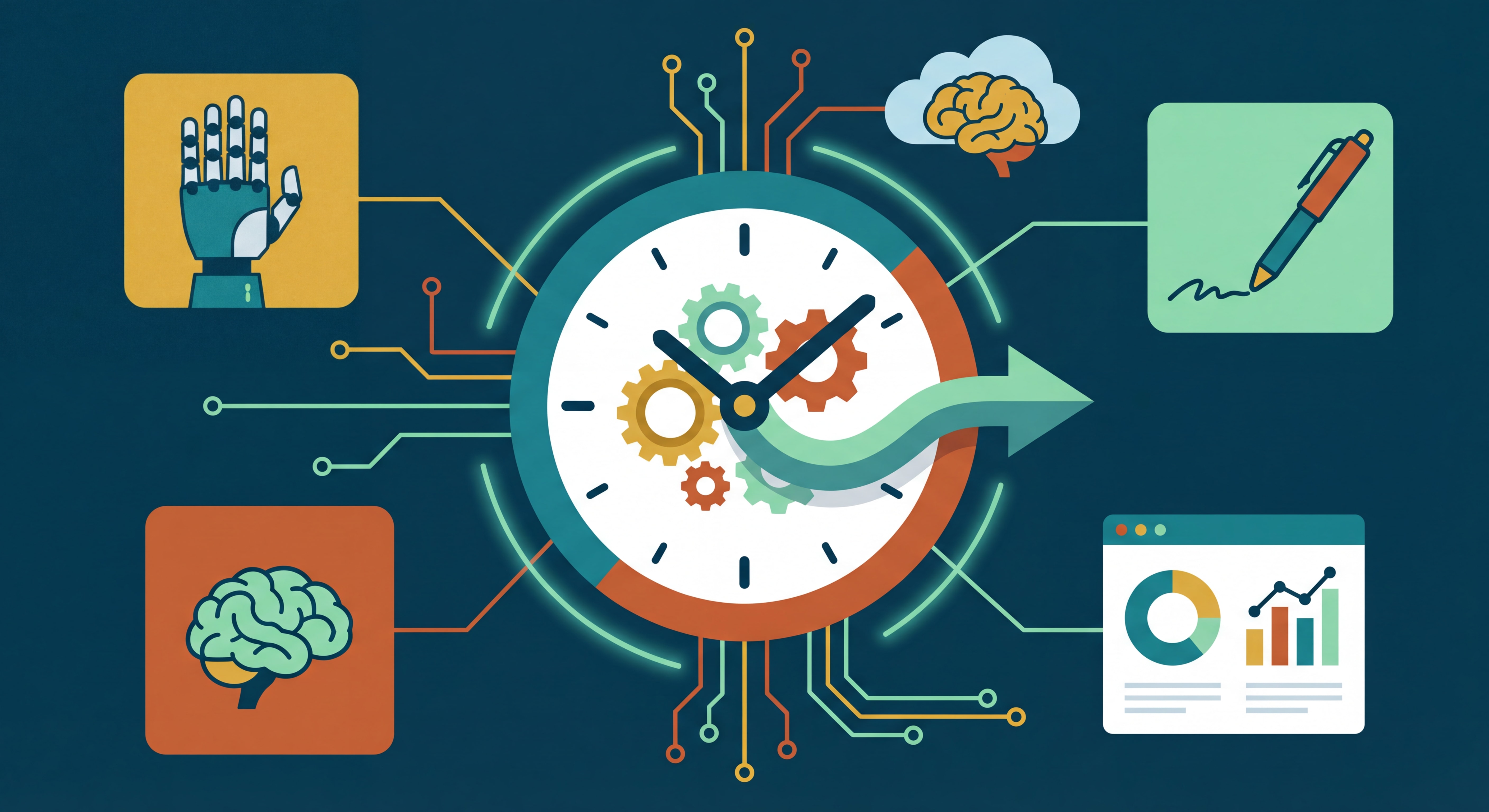 Illustration flat design moderne représentant l'automation et le gain de temps — engrenages, horloge, outils IA connectés, couleurs vives et professionnelles