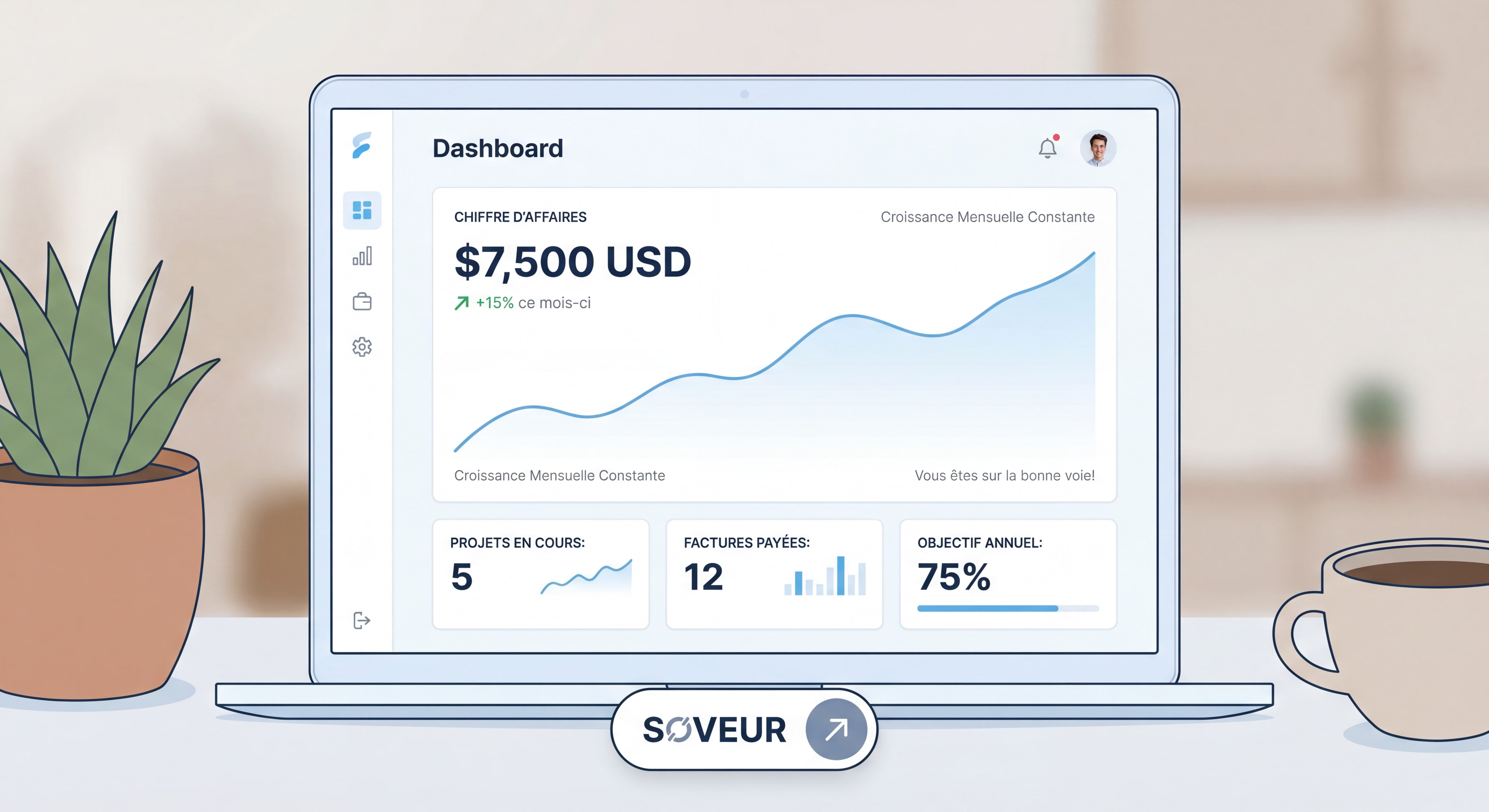Dashboard moderne d'outil de gestion freelance montrant le suivi du chiffre d'affaires, interface épurée et données inspirantes — illustration avant le CTA Soveur
