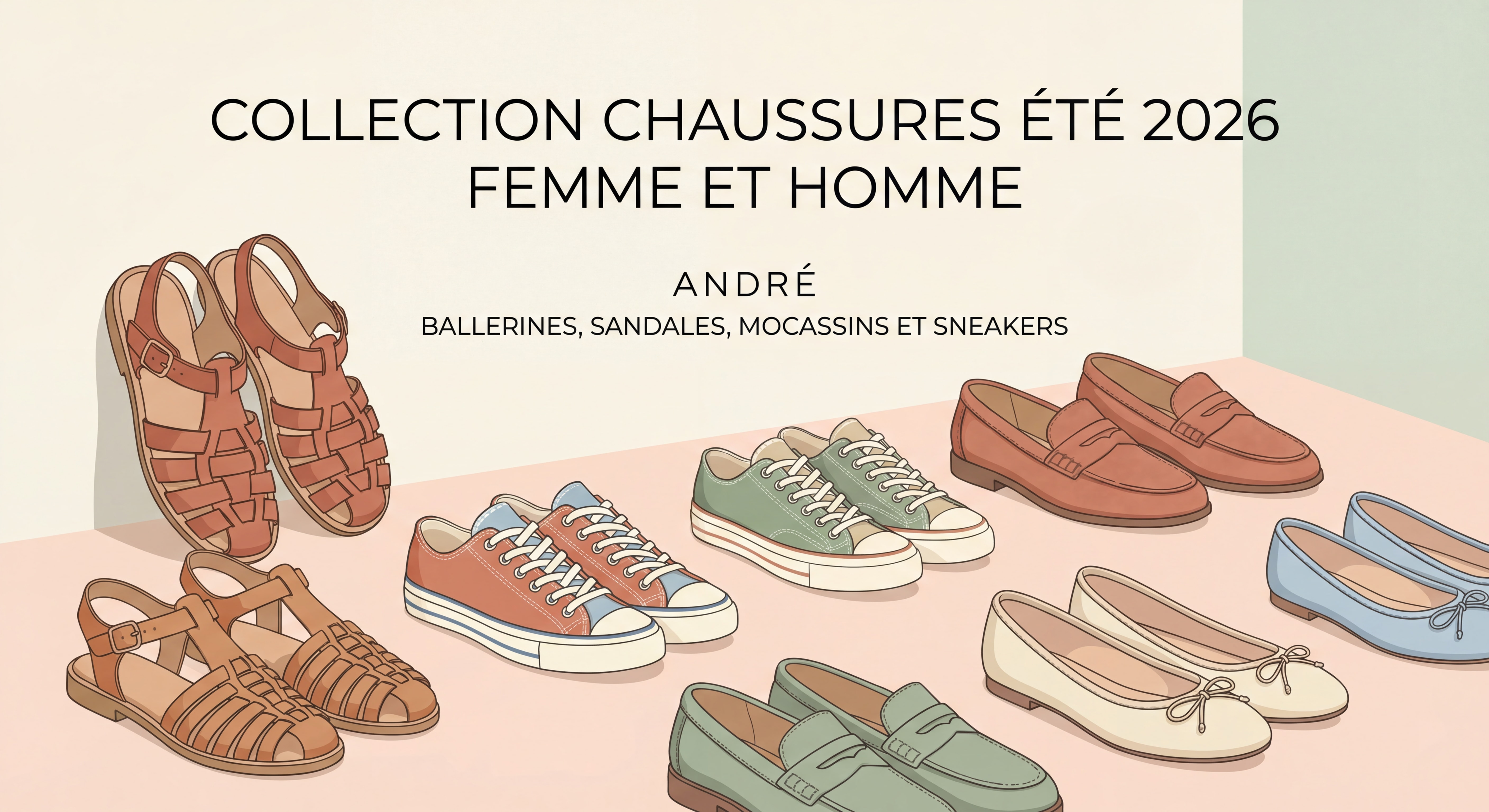 Summer 2026 shoe collection for women and men — trendy ballet flats, sandals, loafers, and sneakers spring-summer André