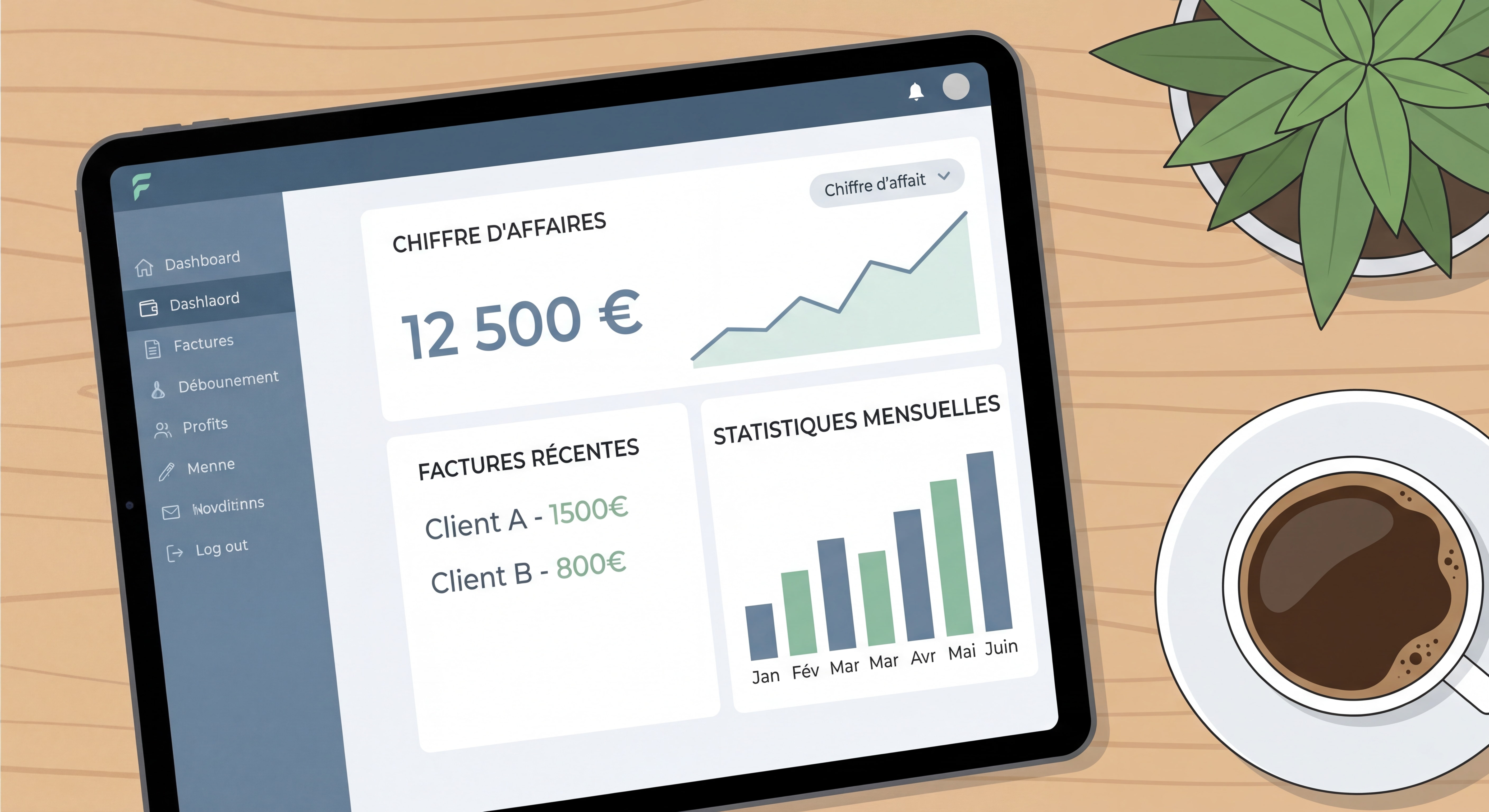 Dashboard propre et moderne d'un outil de gestion freelance montrant le suivi du chiffre d'affaires, les factures et les statistiques de revenus mensuels