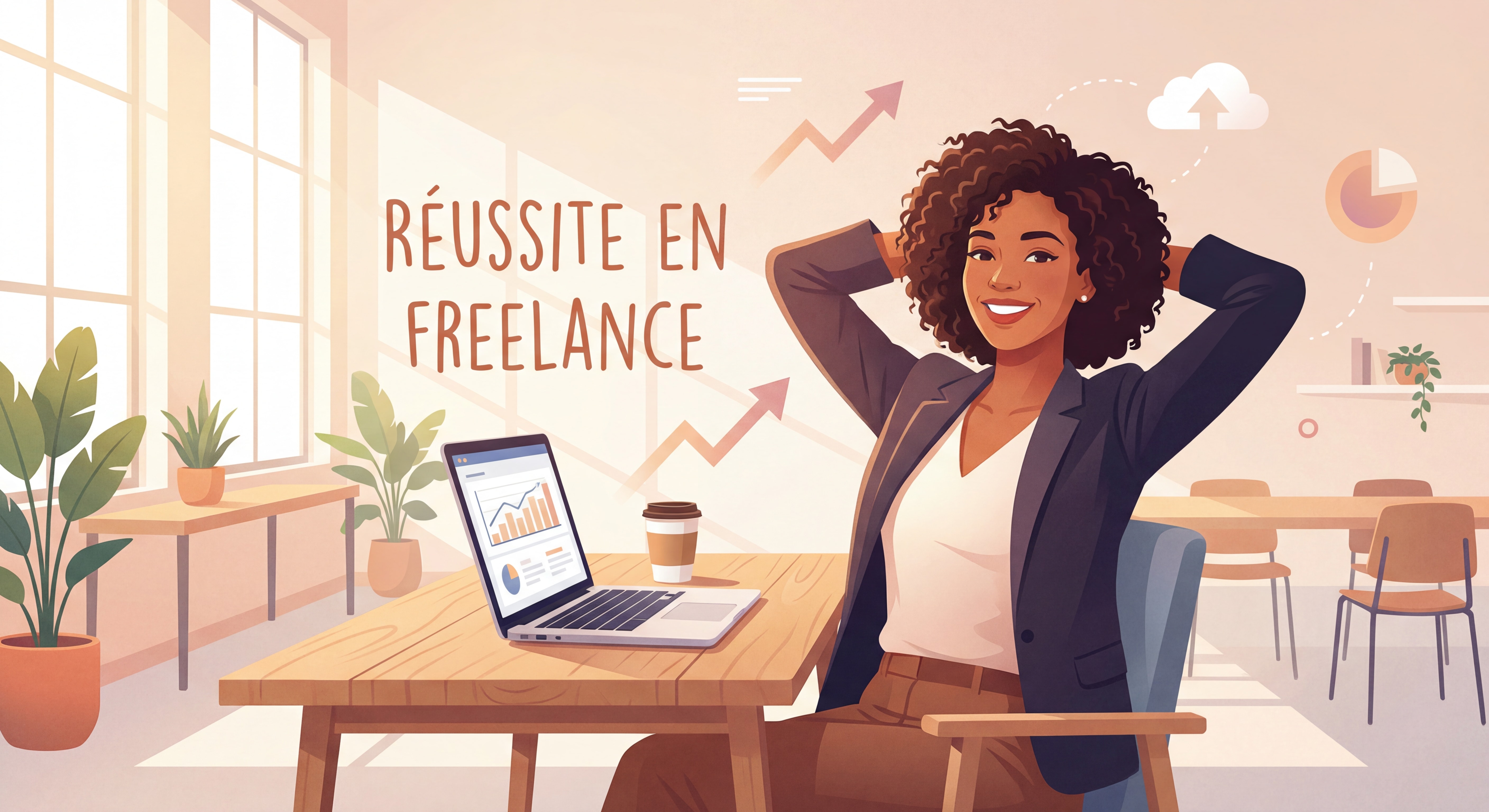 Indépendant(e) confiant(e) souriant(e) devant un laptop dans un espace de travail moderne et lumineux, symbolisant la réussite en freelance