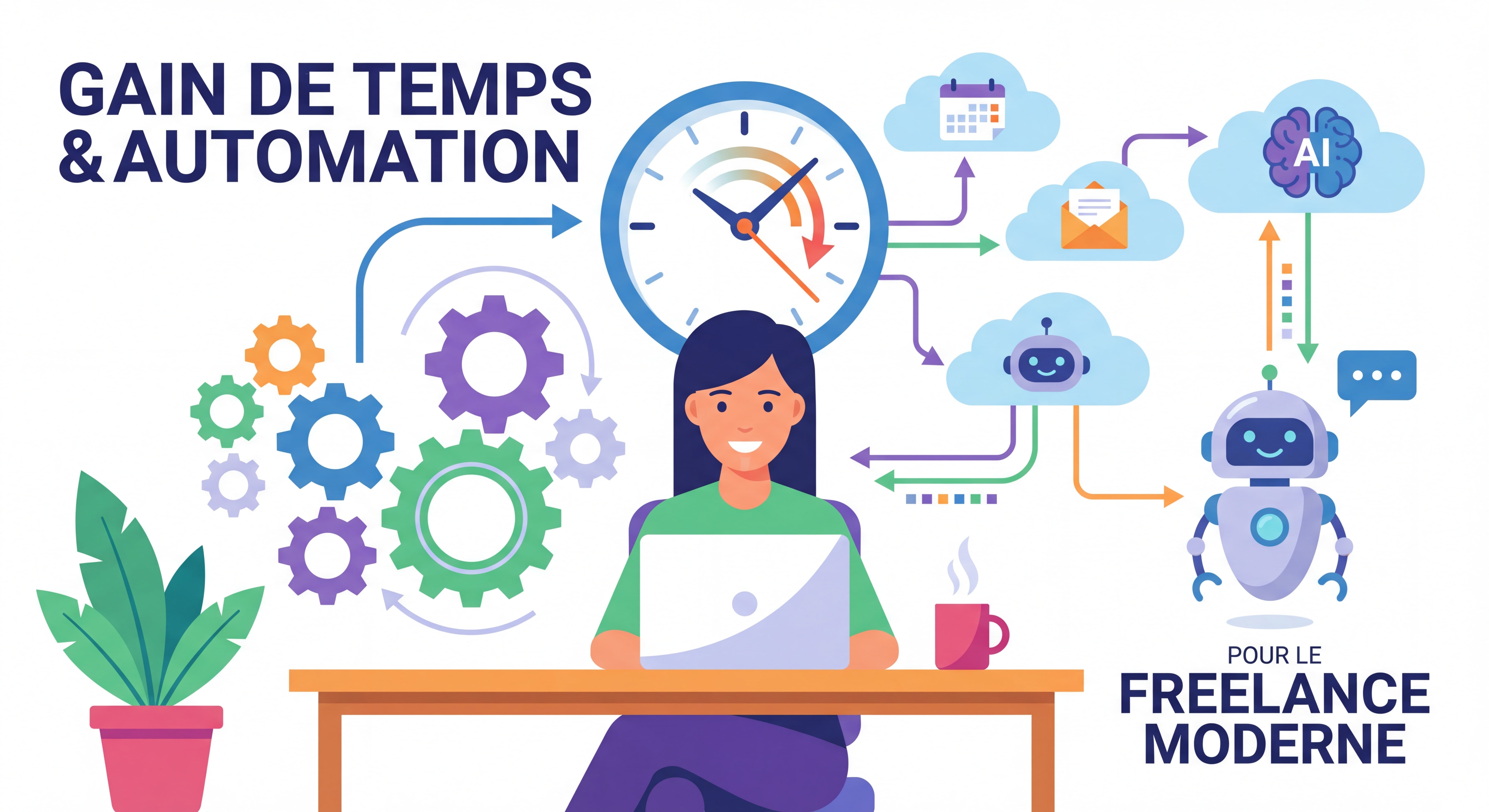 Illustration flat design moderne représentant l'automation et le gain de temps pour un freelance, avec engrenages, horloge, outils connectés et éléments d'IA