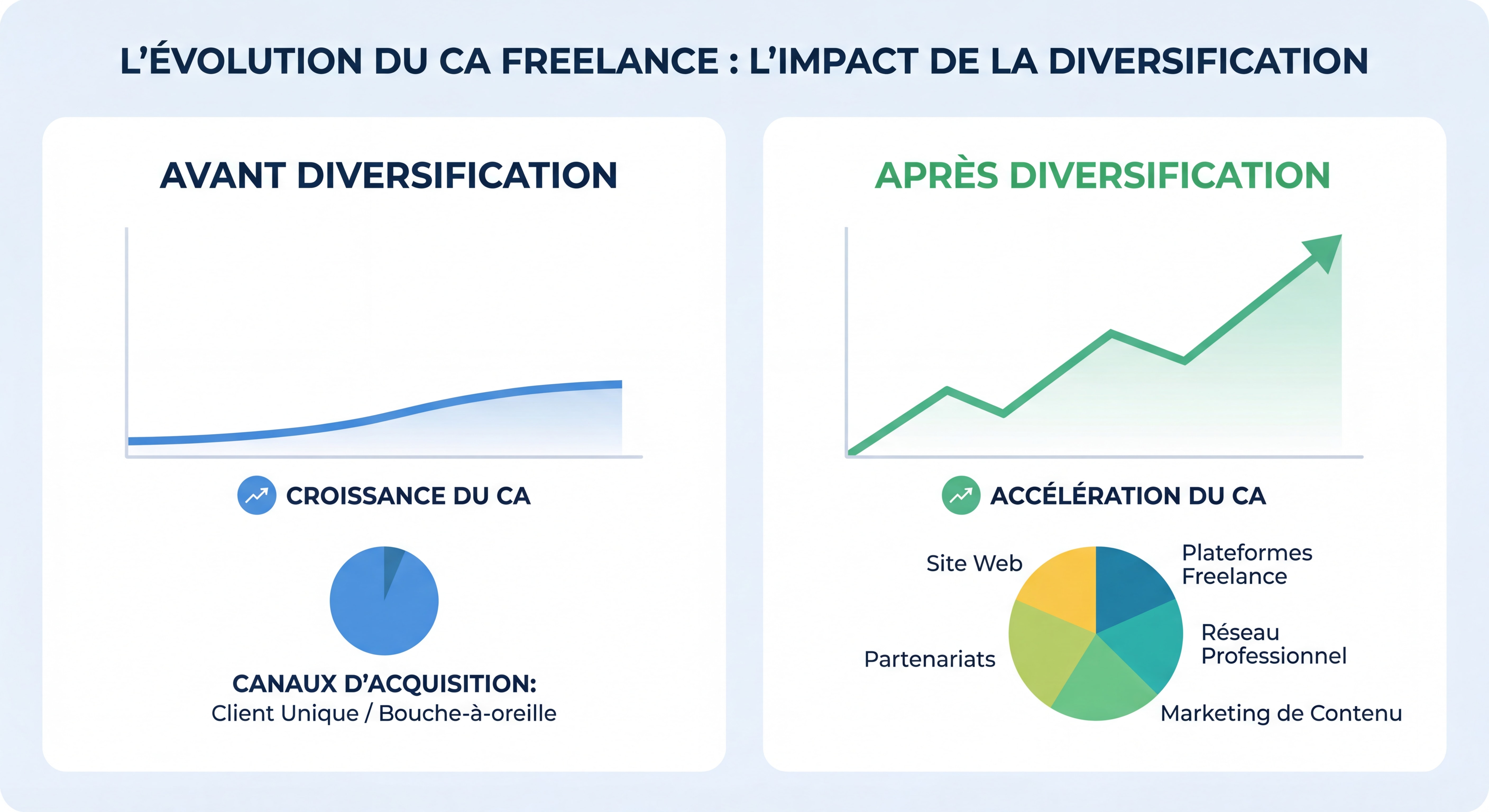 Infographie montrant l'évolution du CA freelance avant et après diversification des sources clients, avec courbe ascendante et graphique en camembert des canaux d'acquisition